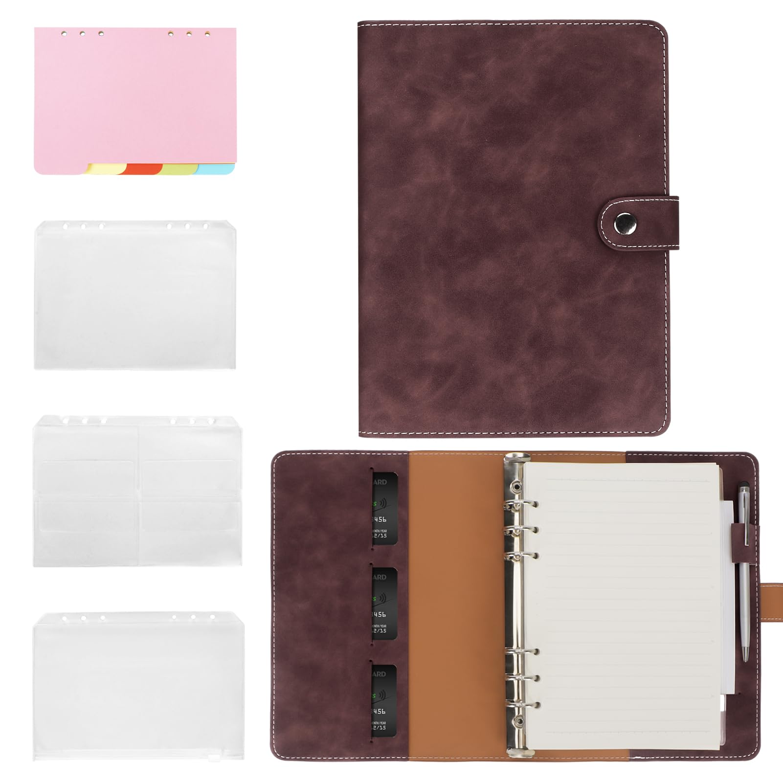 Premium PU Leather A5 Notebook Binder - 6-Ring Refillable Organizer with Dividers & Lined Paper - Coffee Brown - Perfect for Journaling, Planner, Office & School Use