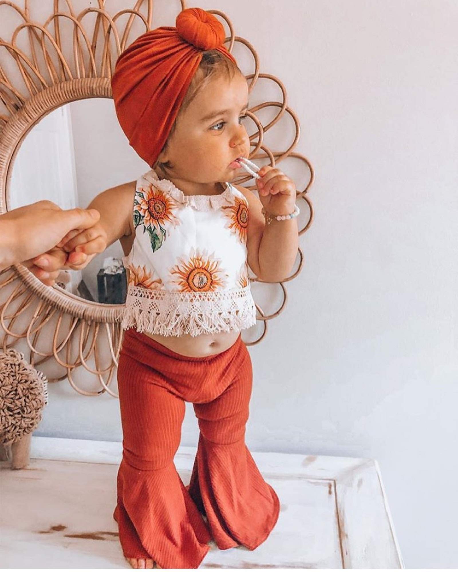 Sunflower Print Toddler Girls Summer Outfits - 2PC Halter Crop Top & Flare Pants Set | Cute Baby Girl Clothes for Beach, Playdate & Outdoor Activities