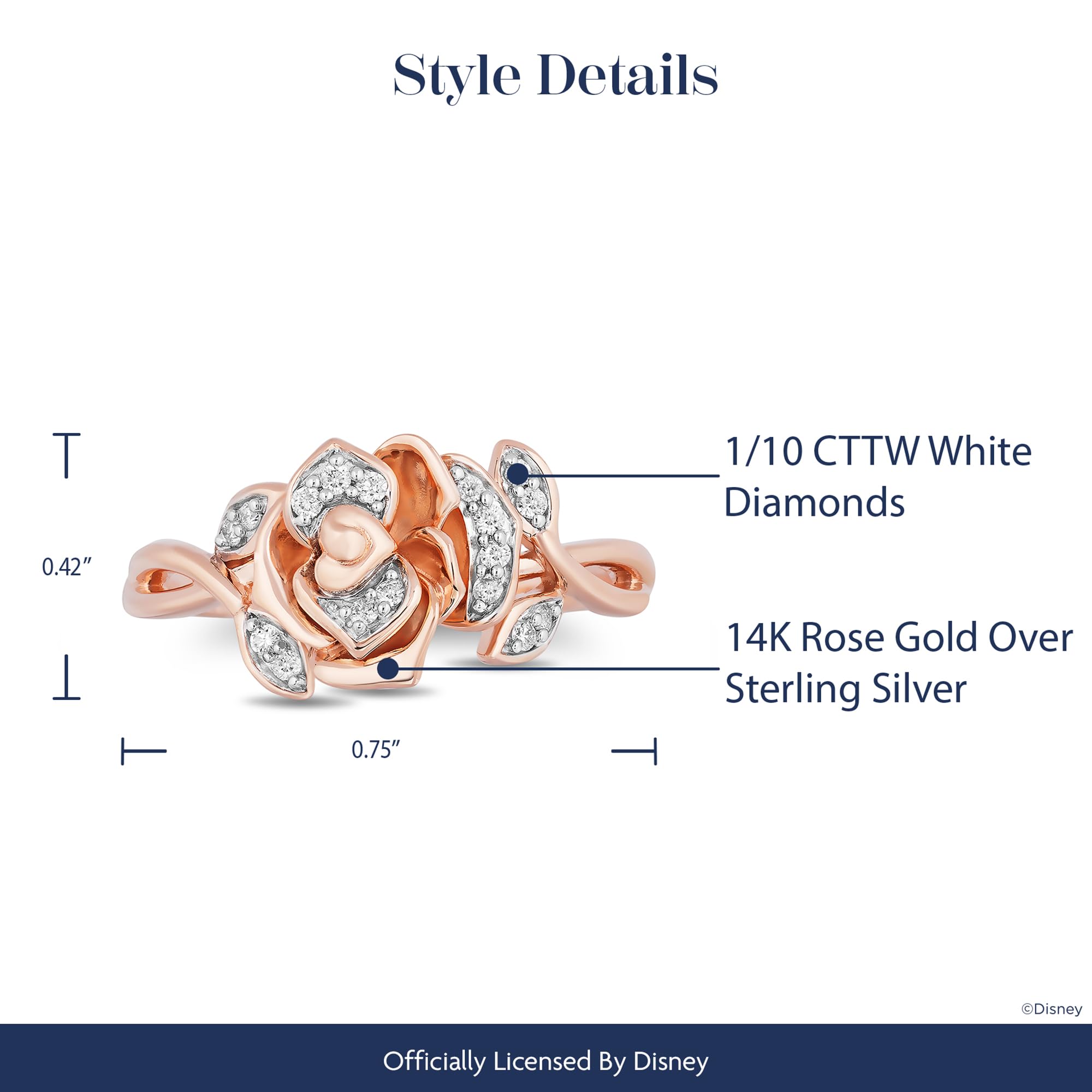Enchanted Disney Belle Rose Ring - 14K Rose Gold over Sterling Silver with 1/10 Cttw White Round Diamond | Fine Jewelry for Women | Perfect Gift for Disney Fans, Brides & Special Occasions