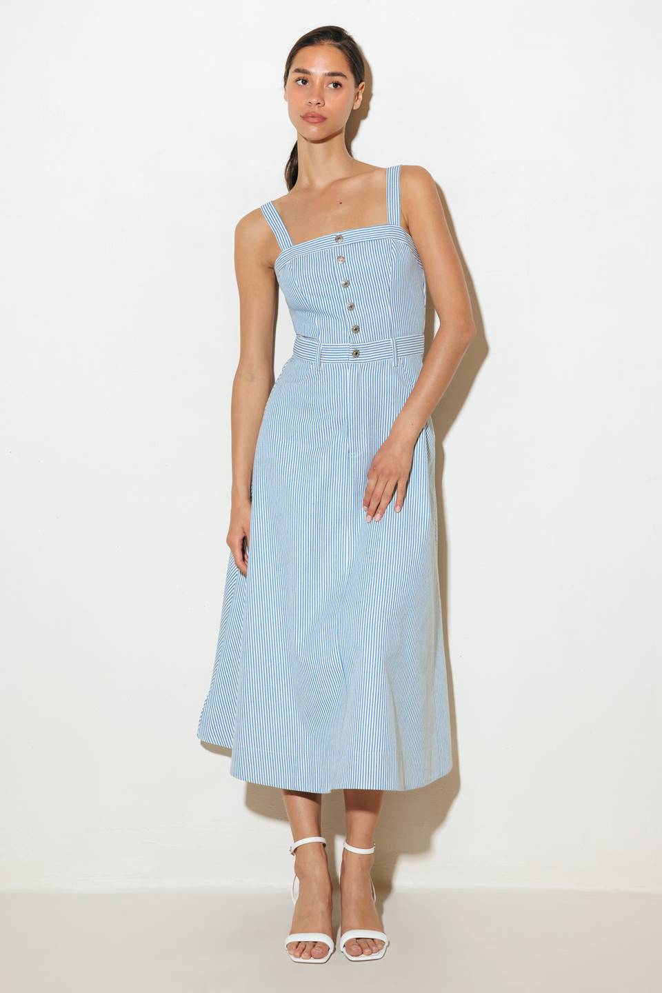 Carefree Days Blue Pinstripe Midi Dress - Perfect for Casual Outings, Office Wear & Summer Events