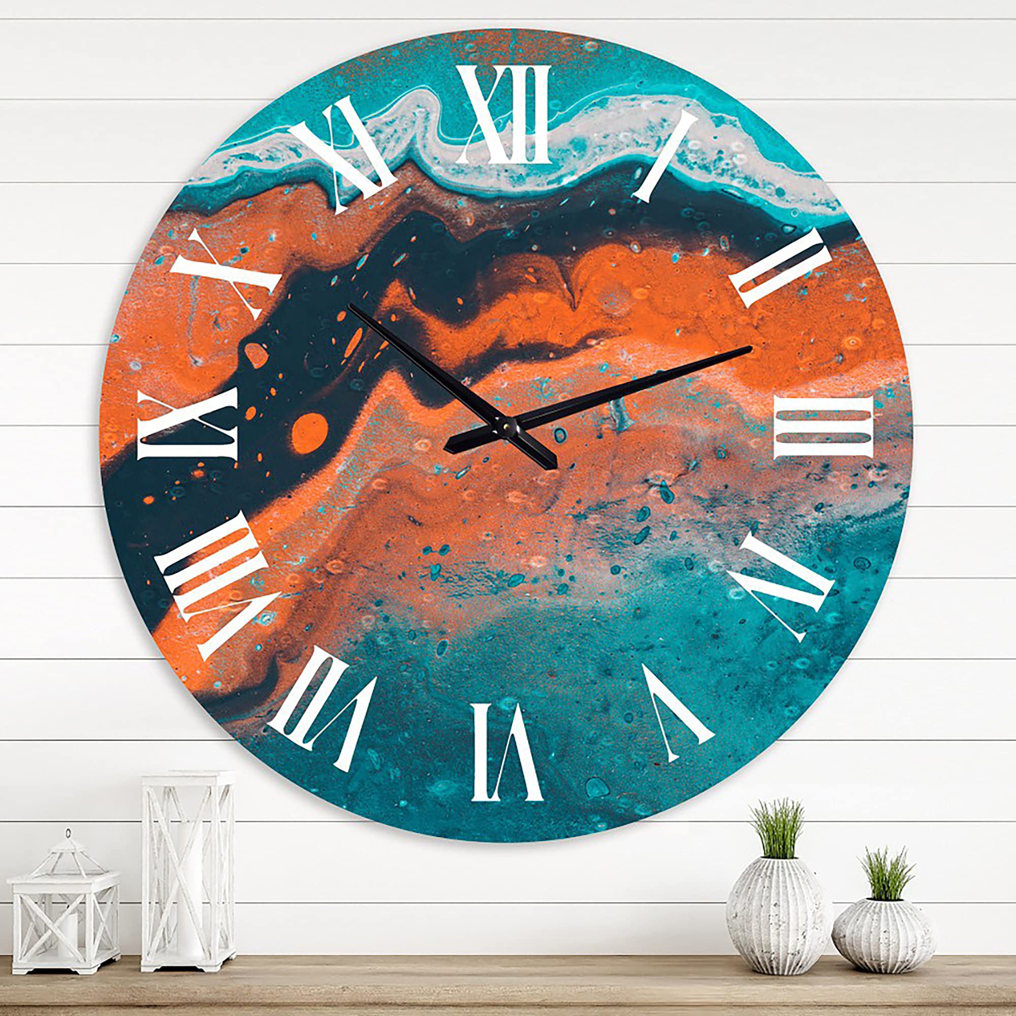 Abstract Marble Wall Clock - Modern Blue & Orange Fractal Design Large Decorative Clock for Living Room, Bedroom & Office | Home & Office Decor