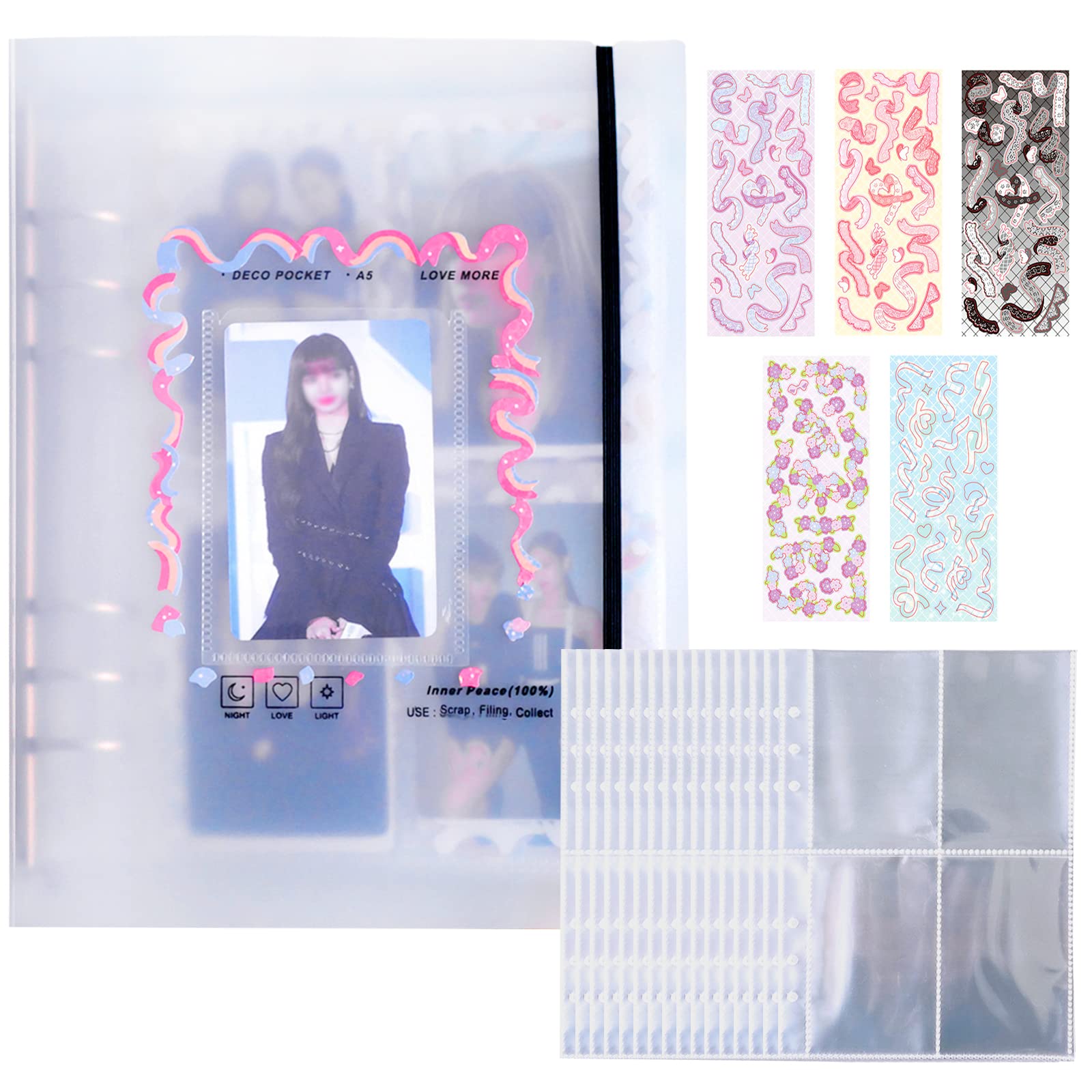 Premium A5 Binder Photocard Album - Kpop Photo Collection Book with Refillable Loose Leaf Pages, Frosted Transparent Cover & 5 Free Stickers - Perfect for Kpop Merch Collectors, Trading Card Storage, and Gift Giving