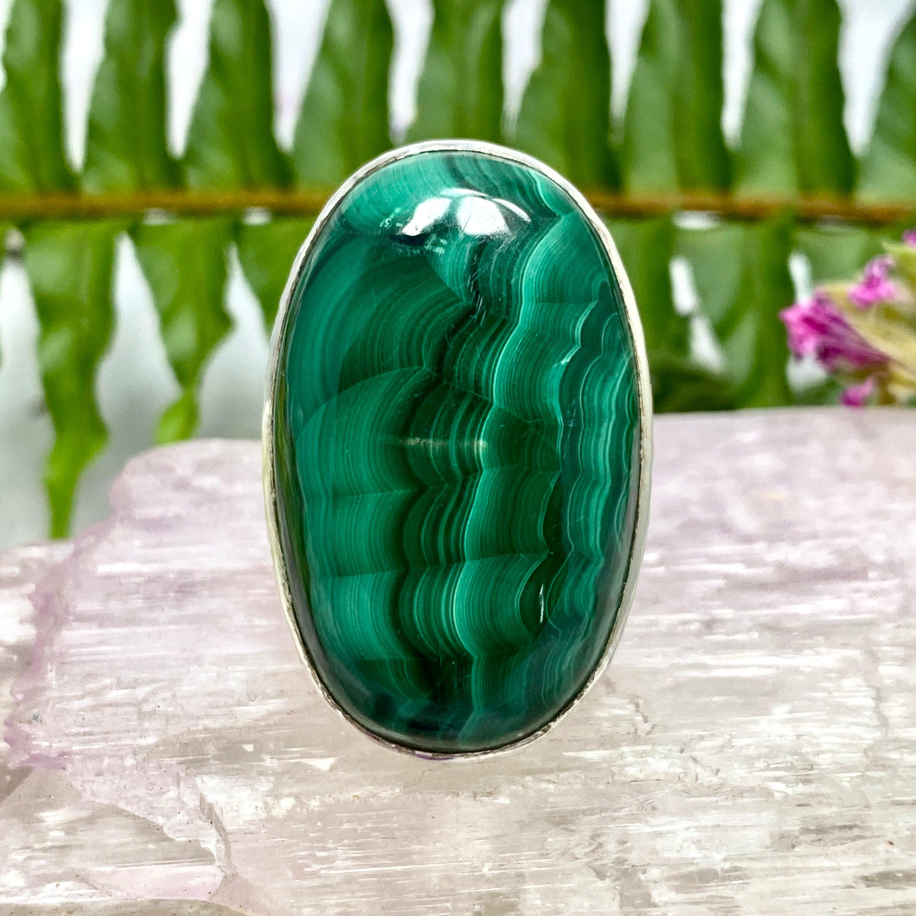 Malachite Oval Beaten Band Ring Size 8 - KRGJ2066 | Handmade Gemstone Jewelry for Women, Boho Chic Accessories, Gift for Her, Perfect for Weddings & Special Occasions