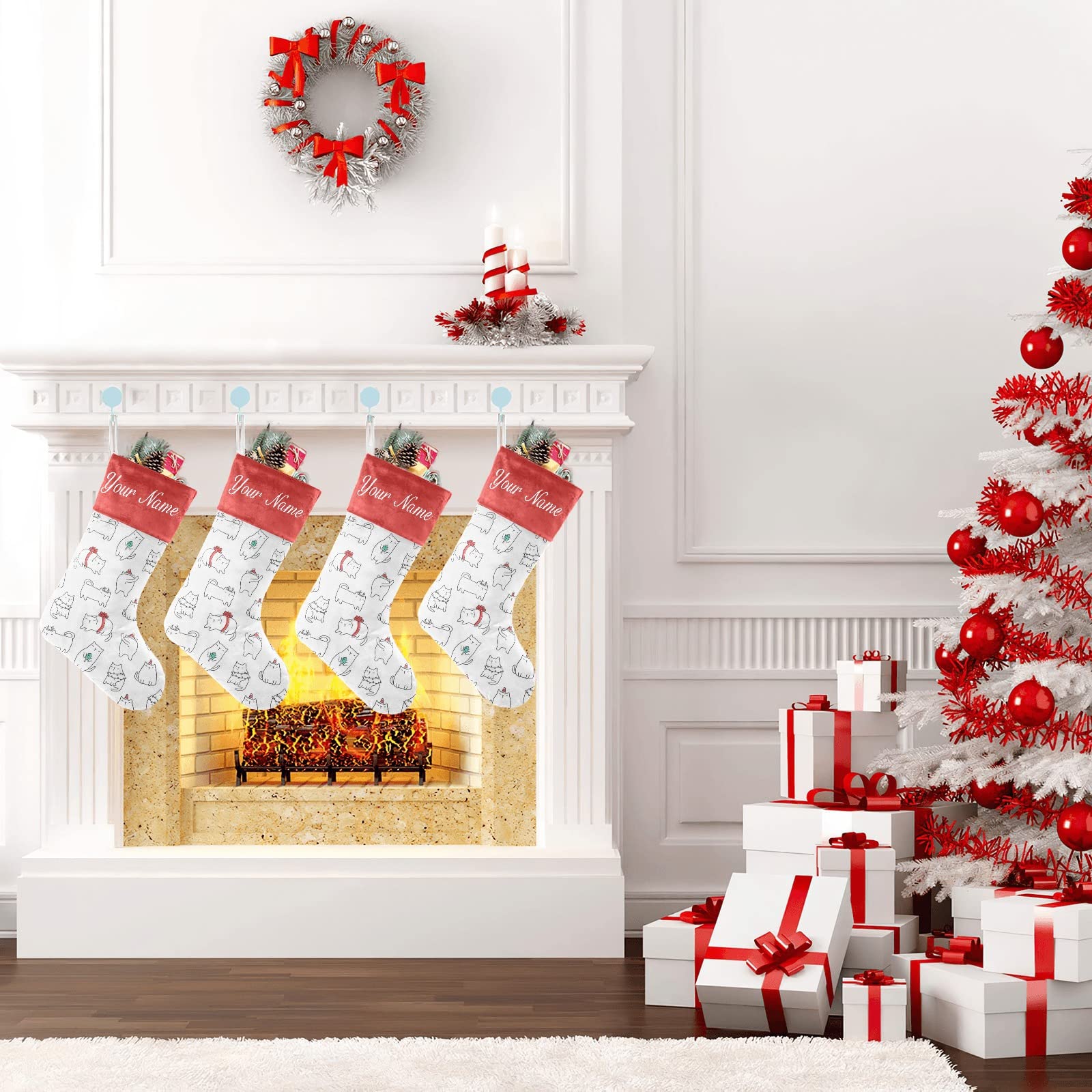 Personalized Christmas Cat Stockings - Custom Name Holiday Socks for Family, Party & Home Decor (17.52 x 7.87 Inch) - Perfect for Fireplace Mantel, Gift Exchange & Festive Holiday Decorations