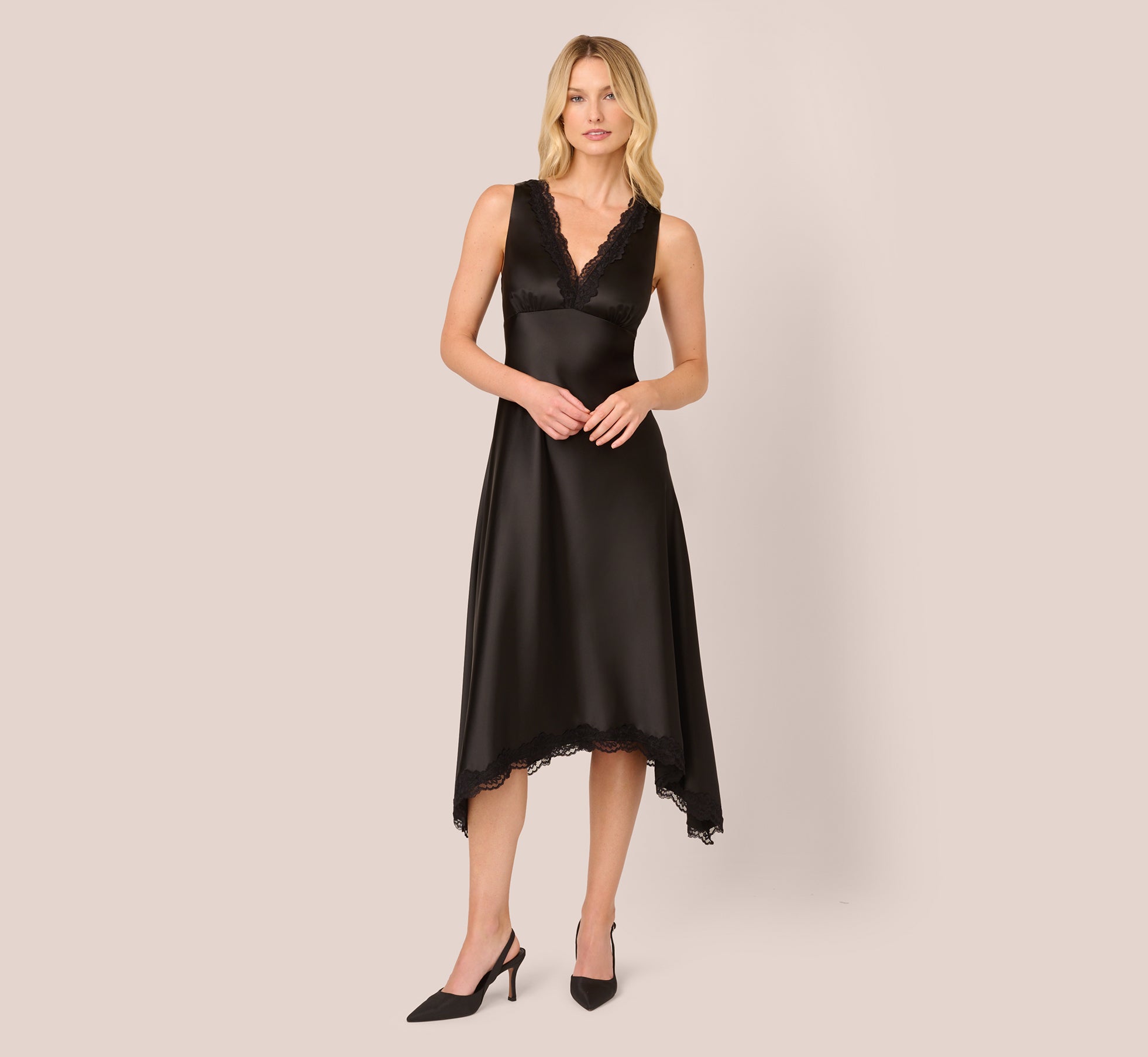 Black Satin Lace Midi Slip Dress - Elegant Evening Gown for Cocktail Parties, Date Nights & Special Occasions