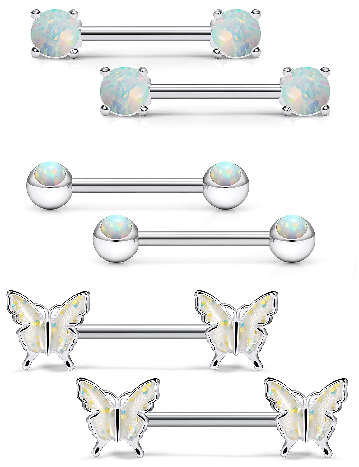 Vsnnsns 14G Stainless Steel Butterfly Nipple Rings with Opal - Surgical Steel Straight Bar Barbell Piercing Jewelry for Women (3 Pairs) - Perfect for Body Piercing, Everyday Wear & Unique Style