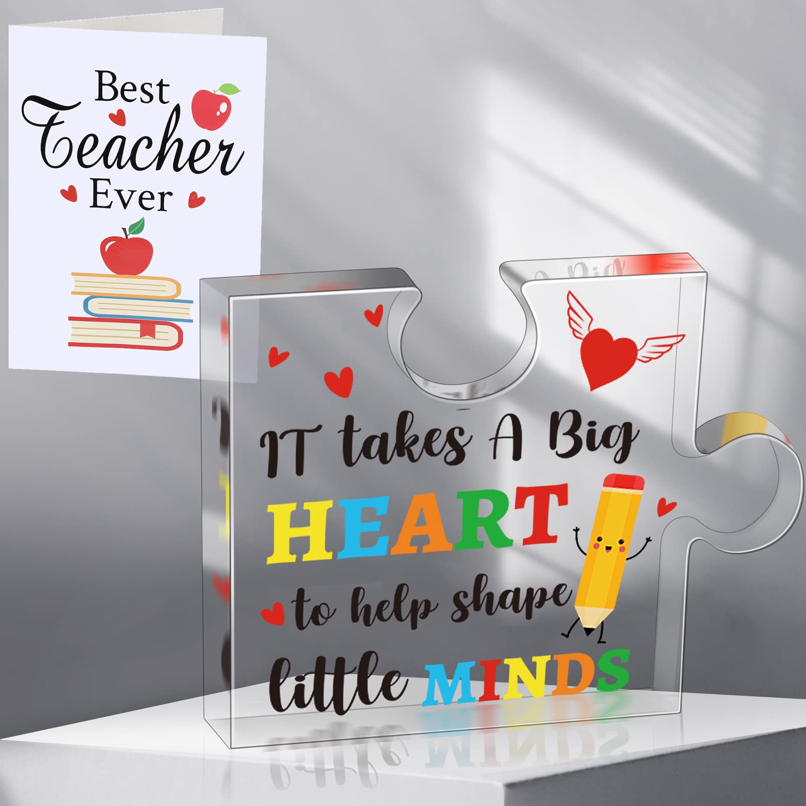 Personalized Teacher Appreciation Gift - Engraved Acrylic Puzzle Block with Thank You Card - Ideal Graduation, Retirement & Birthday Present for Educators, Teaching Assistants (Heart Design) - Perfect for Classroom Decor, End-of-Year Celebrations & Staff Recognition Events