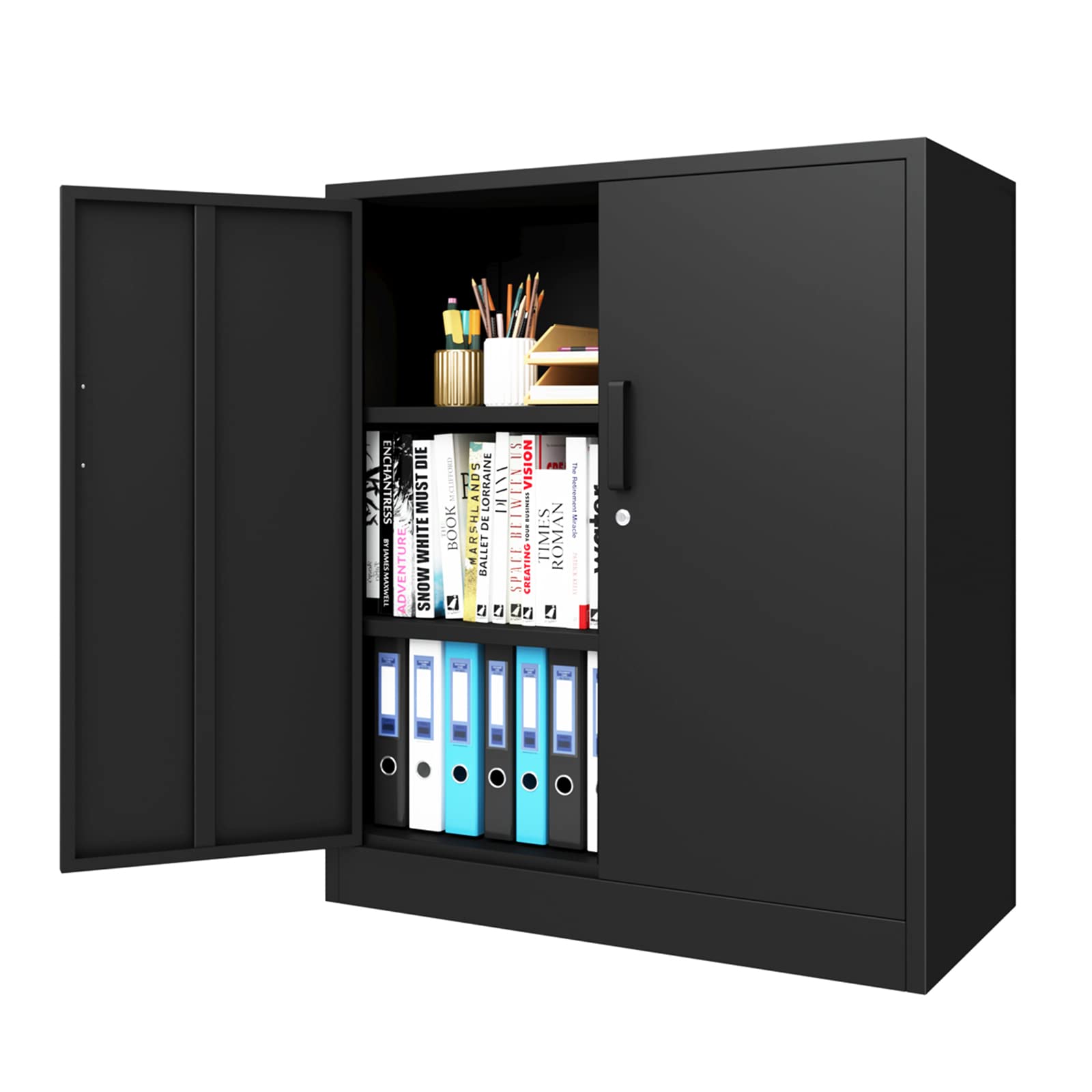 Sweiko Black Metal Storage Cabinet with Locking Doors & 2 Adjustable Shelves - Heavy Duty Floor Cabinet for Home, Garage, Office Organization - Perfect for Storing Tools, Files & Household Supplies