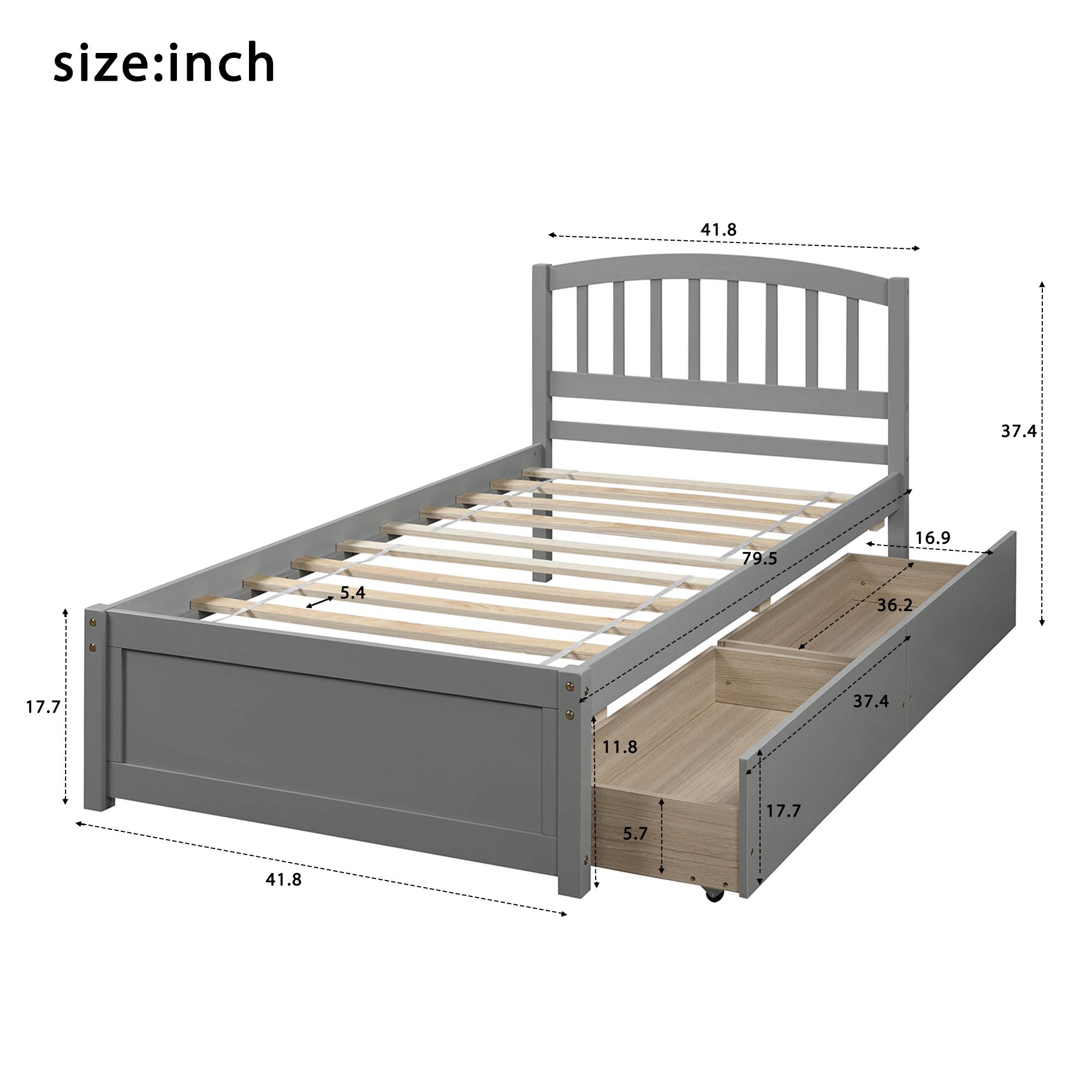 Harper & Bright Designs Twin Storage Bed Frame with 2 Drawers & Headboard - Solid Wood Platform Bed for Kids & Teens, Grey - Perfect for Small Bedrooms & Dorm Rooms