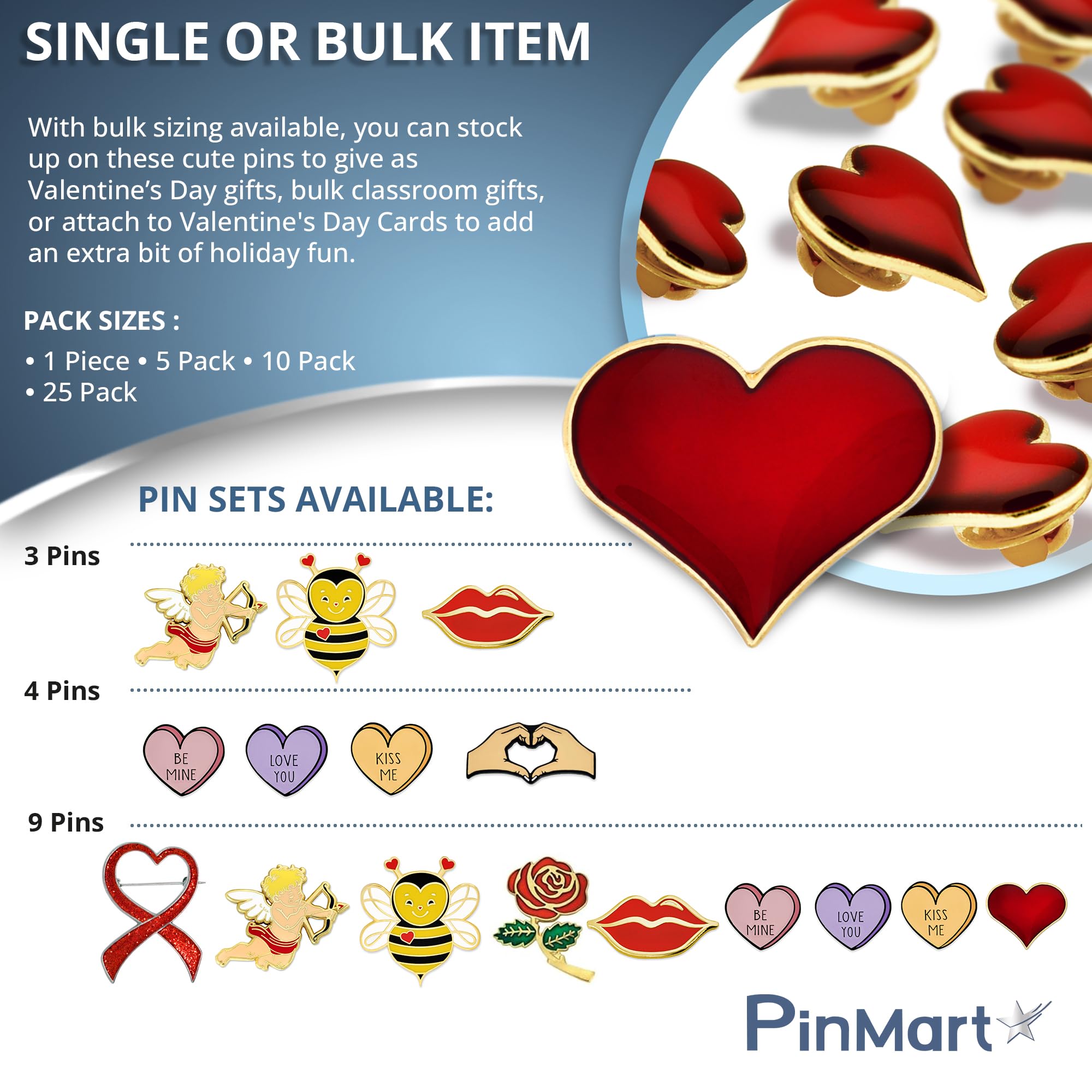 PinMart Enamel Lapel Pins - Heart Shaped Love Pins for Valentine's Day Gifts, Bulk Sizing Available - Perfect for Valentine's Party Favors, Classroom Gifts, Cards & Apparel Decoration
