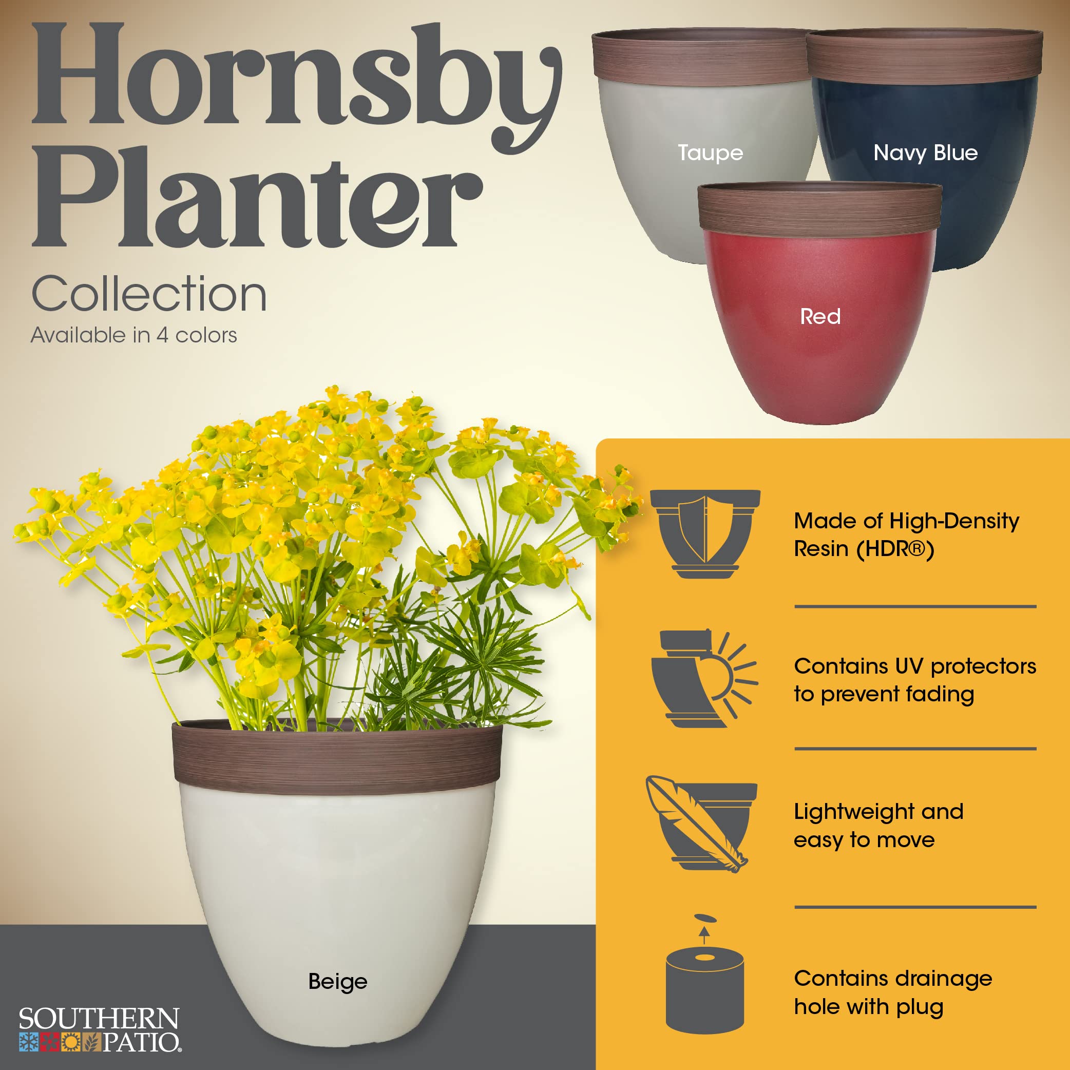 Southern Patio Hornsby Resin Planter with Drainage - Outdoor Decor for Garden & Patio