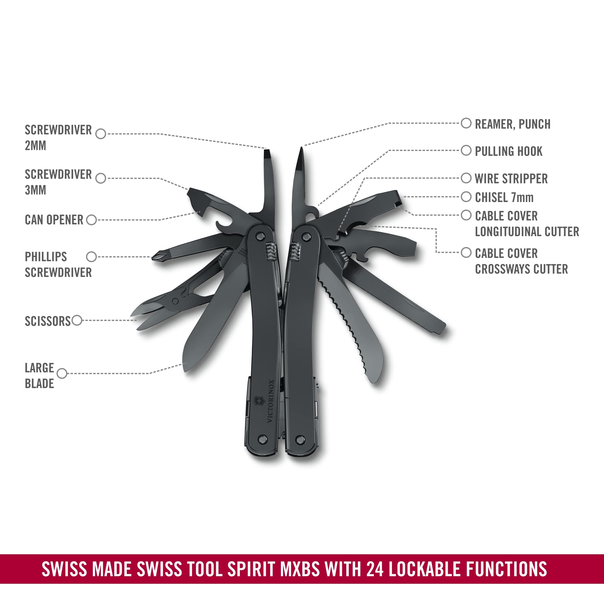 Victorinox Swiss Tool Spirit MXBS 24-in-1 Multitool - Swiss Made Stainless Steel Pocket Knife with Large Blade, Pliers, Wire Cutter & Nylon Pouch - Perfect for Camping, Hiking, Survival & Everyday Carry (EDC) - Black