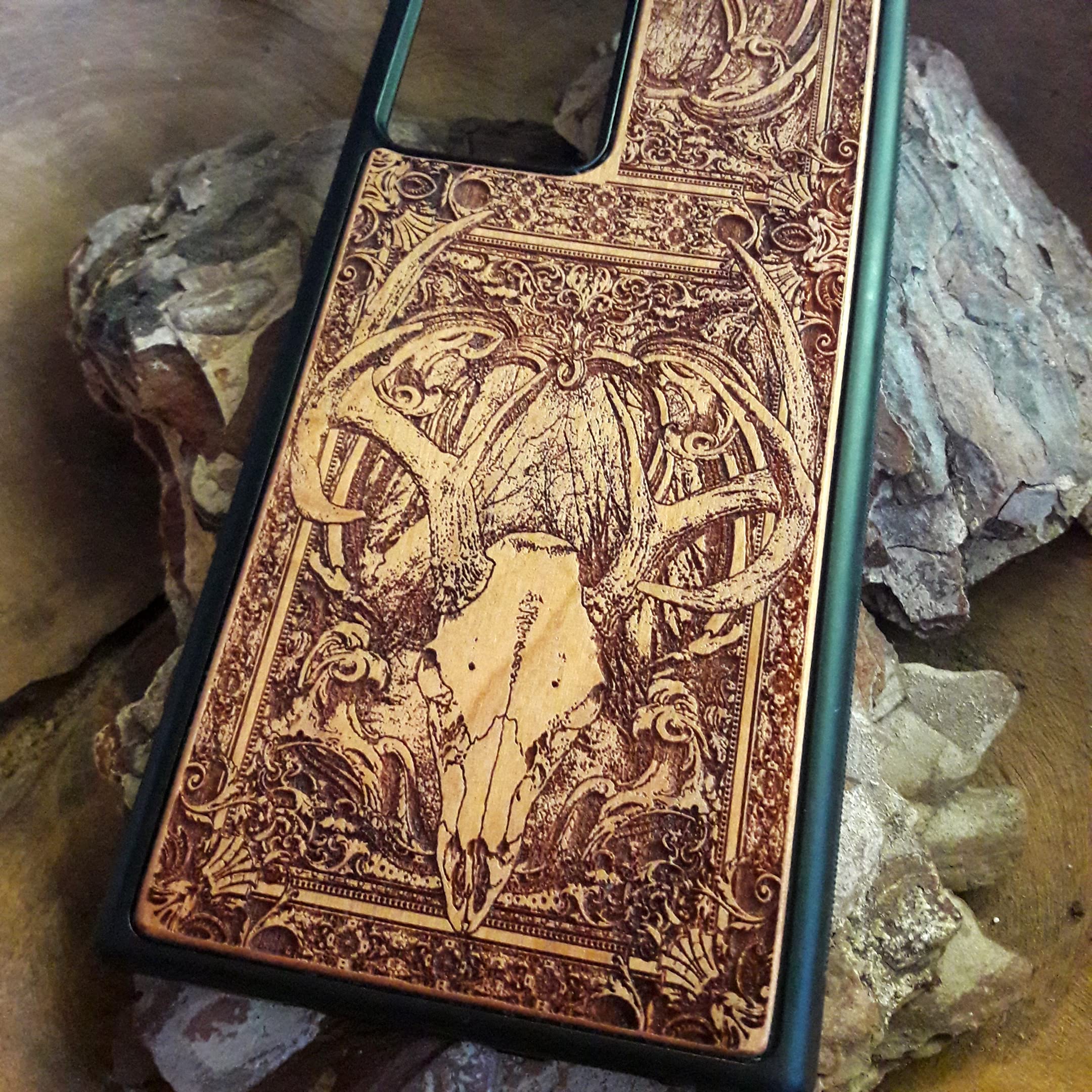Deer Skull Laser Engraved Wood Phone Case for iPhone 16/15/14/13/12/11 Pro Max/Mini & Galaxy S25/S24/S23/S22/S21/S20 Ultra Plus - Eco-Friendly Slim Durable Wooden Cover - Perfect for Outdoor Enthusiasts & Nature Lovers