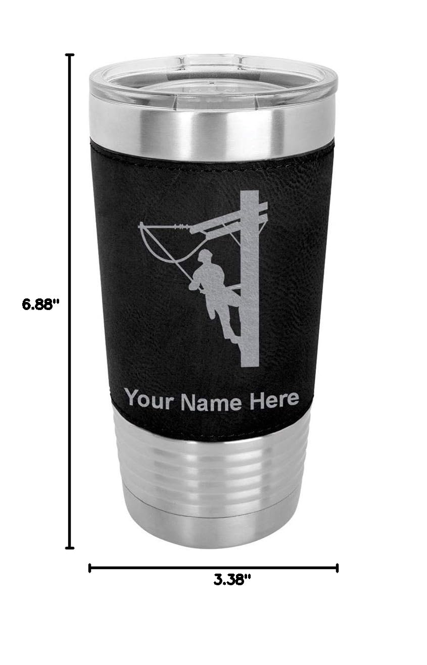 LaserGram 20oz Vacuum Insulated Stainless Steel Tumbler Mug with Lid - Personalized Engraved Gift for Linemen - Leakproof & Sweatproof for Work, Gym & Outdoor Activities (Faux Leather, Black)