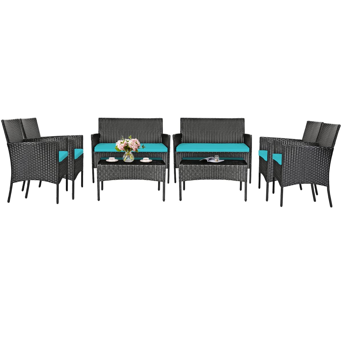 HappyGrill 8-Piece Outdoor Patio Furniture Set - Rattan Wicker Conversation Sofa Set with Tempered Glass Top Table & Removable Cushions - Perfect for Poolside, Garden, Backyard, and Patio Relaxation
