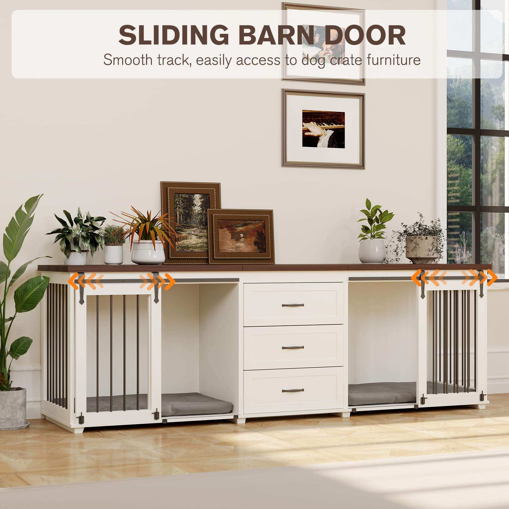 Farmhouse Style Wooden Dog Crate Furniture with Double Sliding Barn Doors & 3 Drawers - 95