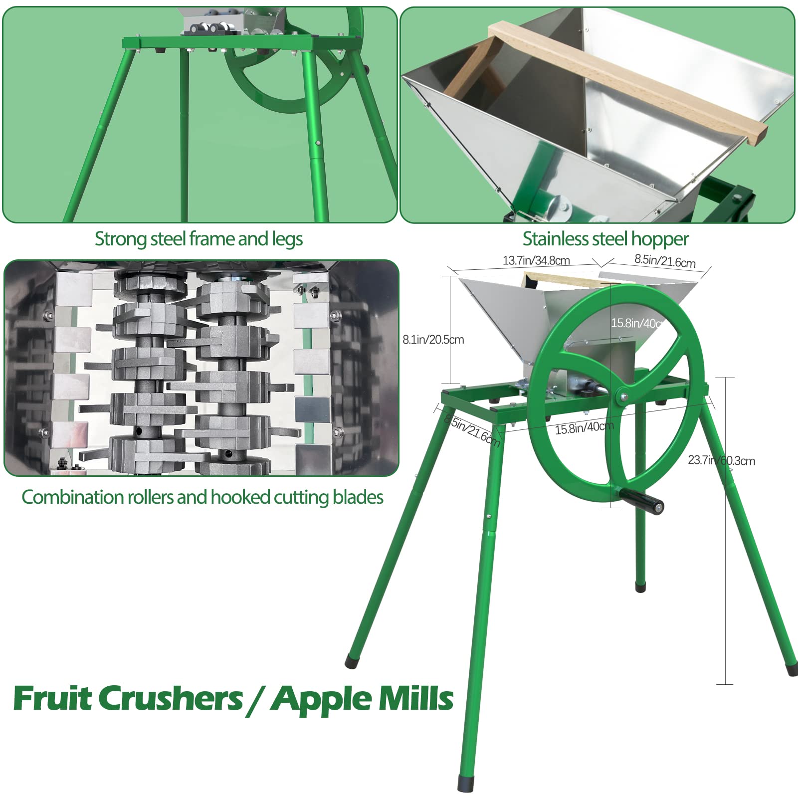 Premium Heavy-Duty Stainless Steel Fruit & Wine Press with Cross-Beam Design - Includes Apple Crusher & Sturdy Stand for Home Brewing, Cider Making & Juice Extraction