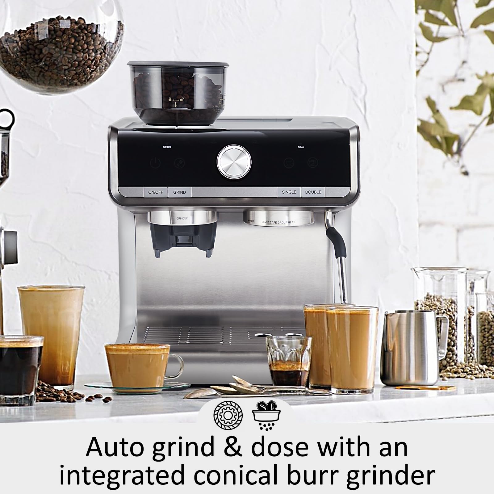 20 Bar Semi-Automatic Espresso Coffee Maker with Built-in Grinder & Milk Frother - Perfect for Cappuccino, Latte and Macchiato - 95oz Large Water Tank with PID Temperature Control - Ideal for Home Baristas & Coffee Enthusiasts (Silver)
