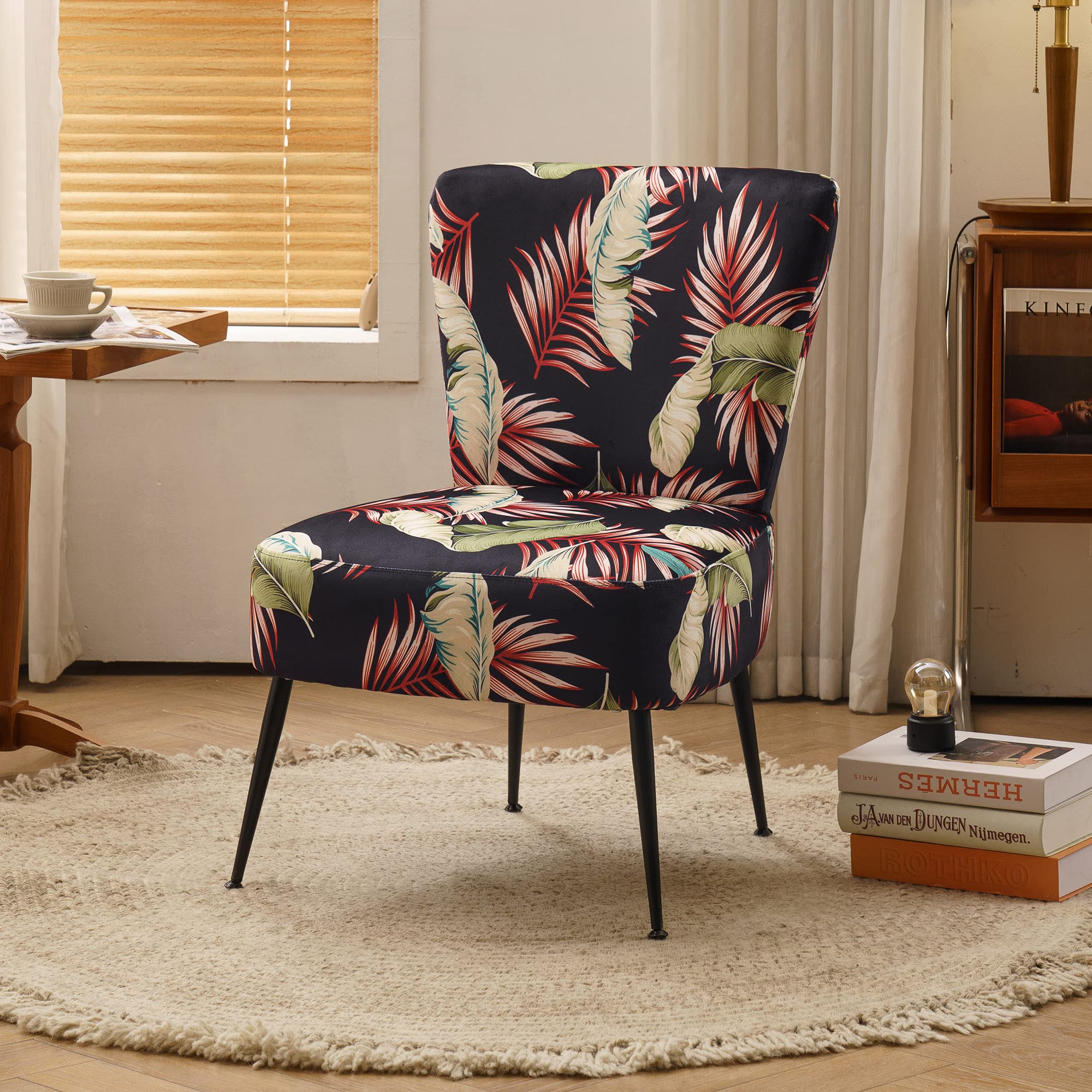 Velvet Accent Dining Chair - Mid Century Modern Upholstered Side Chair with Adjustable Golden Metal Legs for Living Room, Dining Room, Bedroom & Kitchen - Perfect for Home Decor, Relaxing & Entertaining (Flower & Velvet Fabric)