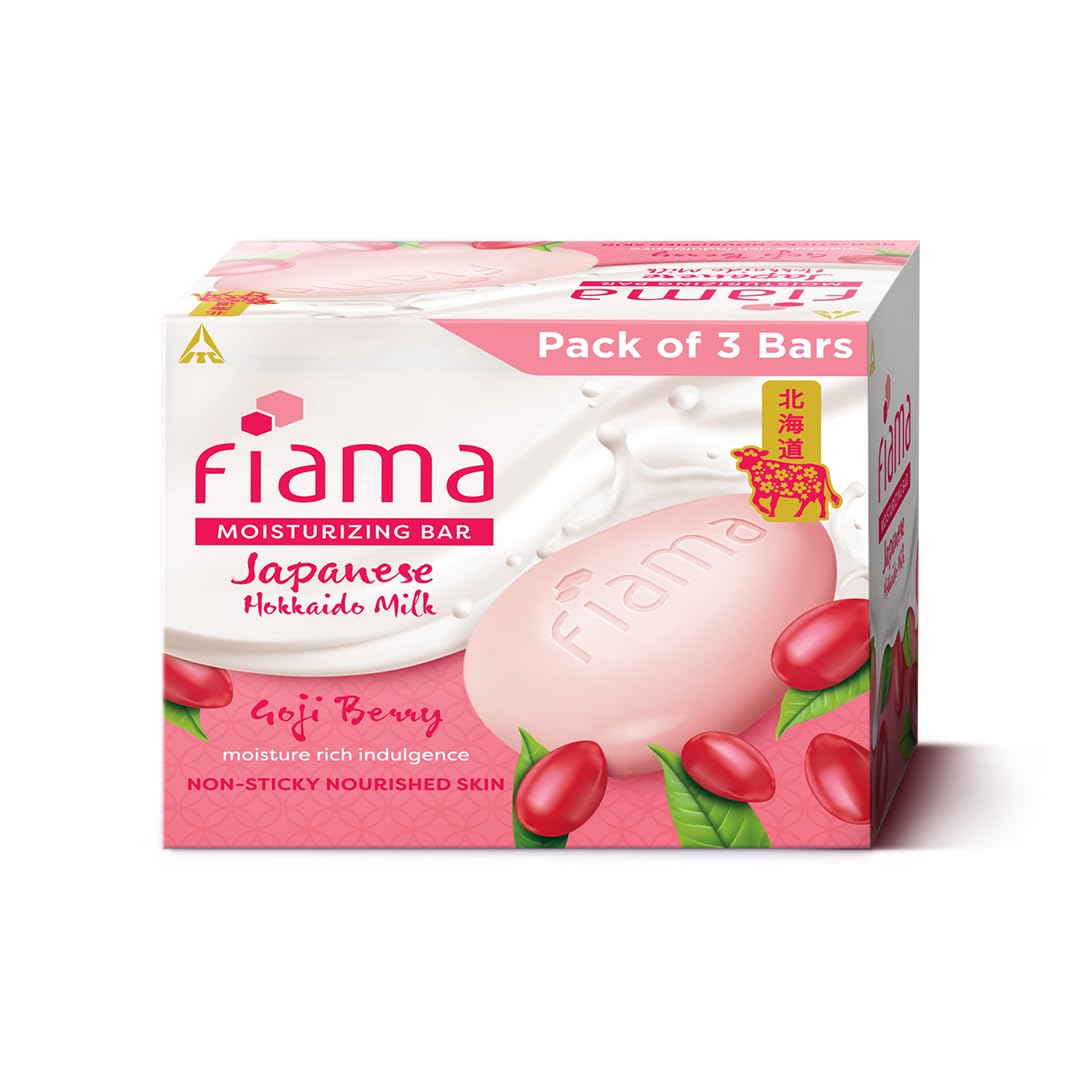 Fiama Moisturizing Soap Bar with Japanese Hokkaido Milk & Goji Berry - Pack of 3 | Non-Sticky, Deep Hydration for Soft Skin | Enriched with Vitamin F & Natural Fragrance | Perfect for Daily Shower & Spa Relaxation