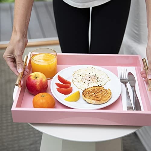 2 Pack Pink Nesting Decorative Trays with Polished Handles & Glossy Finish - Ottoman Serving Tray Set for Coffee Table, Bedside, Couch & Kitchen - Perfect for Dining, Parties, Bathroom Organization & Home Decor