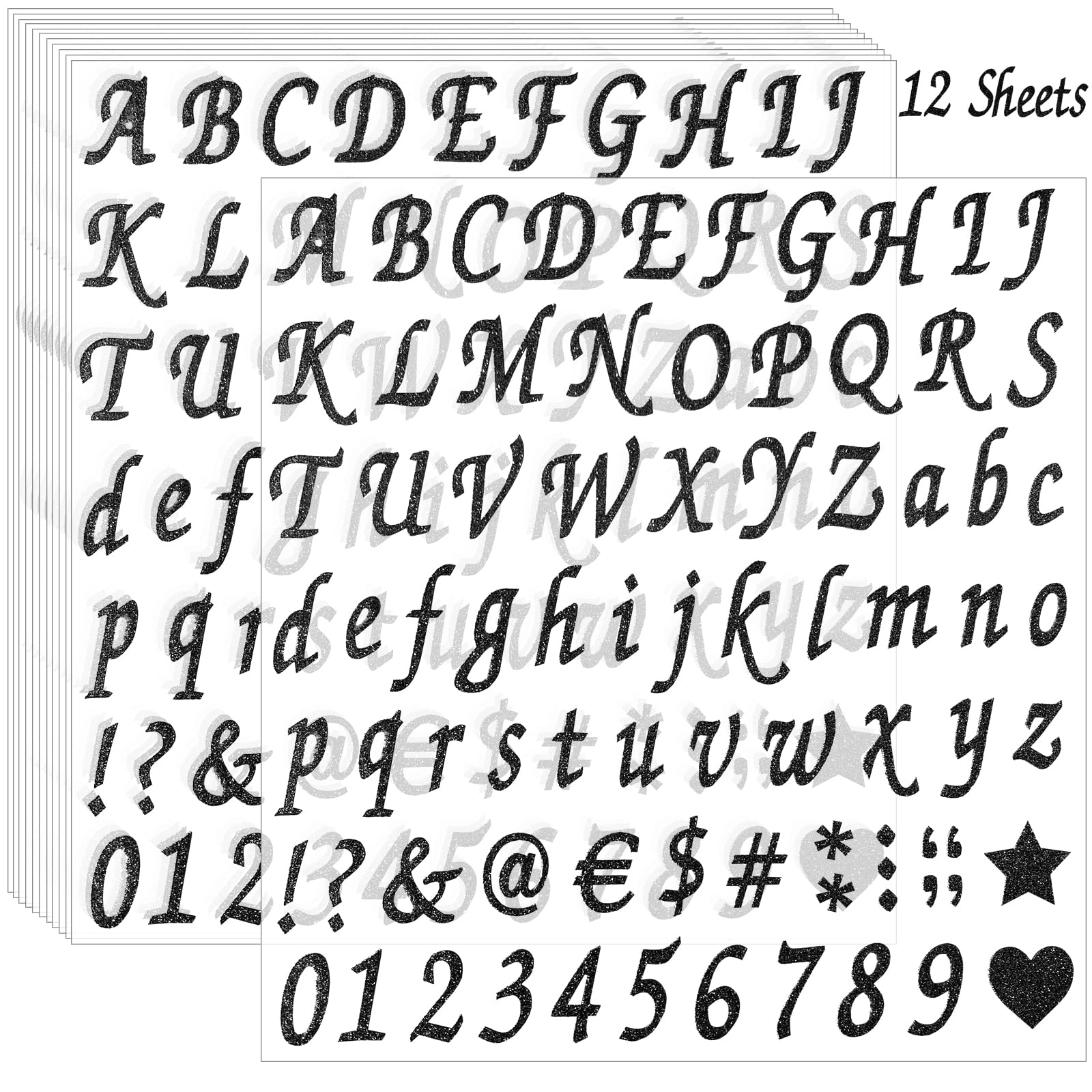 12 Sheets Glitter Letter Stickers - Self Adhesive Alphabet & Number Stickers for Mailbox, DIY Crafts, Scrapbooking, Graduation Cap Decoration, Classroom Decor, Business Signs & Car Decals (Black) - Perfect for Address Marking, Art Projects & Home Decor