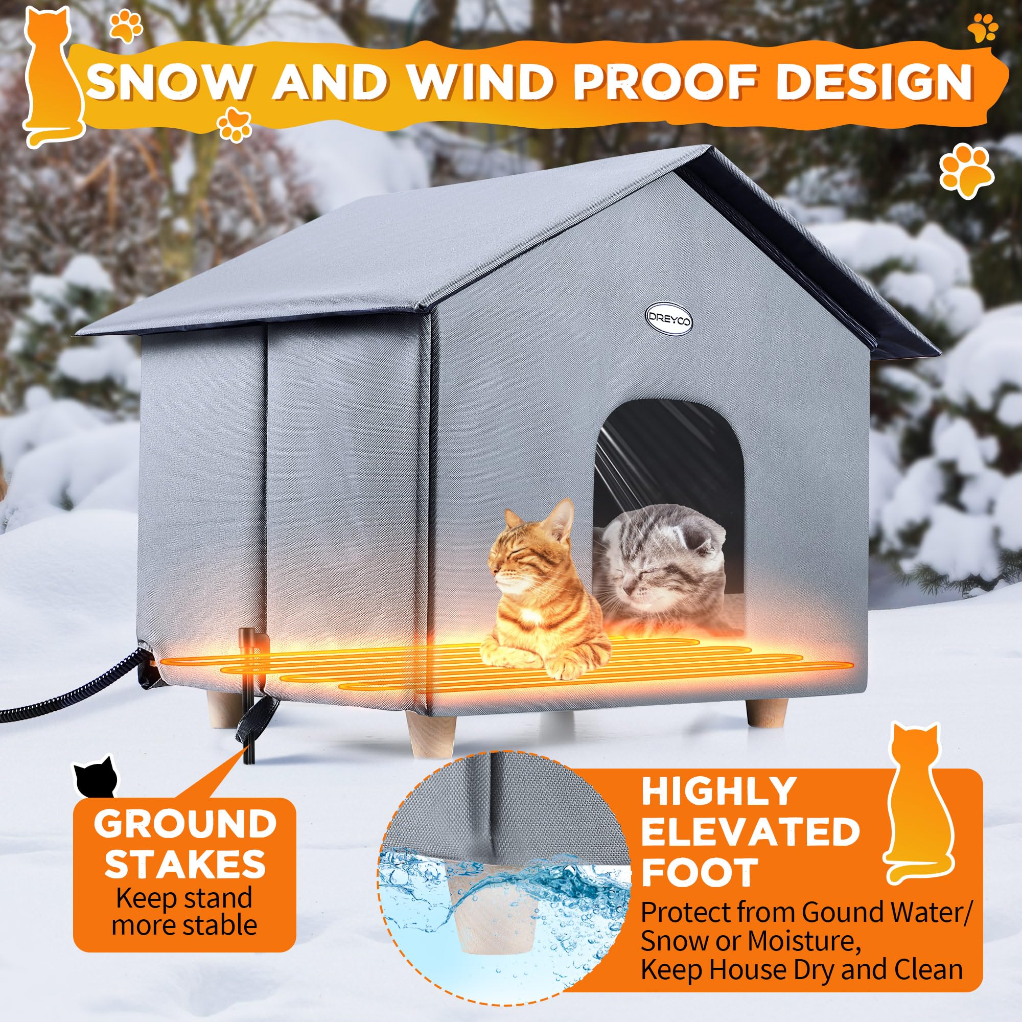 Dreyoo Large Heated Outdoor Cat House - Weatherproof Insulated Shelter with Heating Pad & Dual Doors, Foldable Winter Cat Shelter for Feral & Stray Cats (18x19x16 Inches) - Perfect for Cold Weather, Garages & Backyards