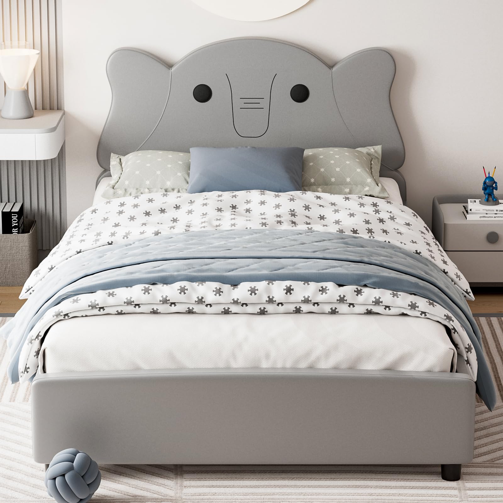 IKIFLY Twin Bed Frame for Kids & Teens - Upholstered Platform Bed with Headboard, Solid Wood Slats, No Box Spring Needed - Elephant Design for Boys & Girls Bedroom Decor