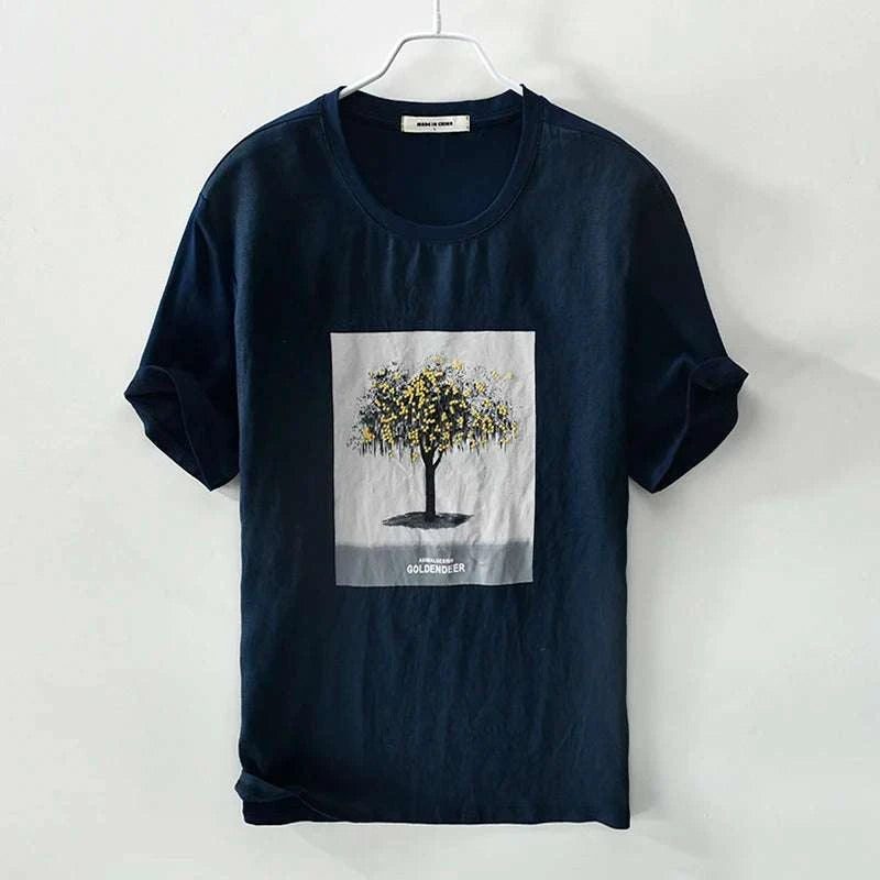 Stylish Tree Print Slim Fit Summer T-Shirt for Men - Breathable Cotton Casual Tee for Outdoor Activities & Vacation Wear