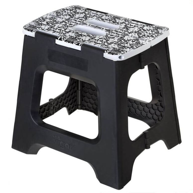 Vigar 32cm Compact Folding Step Stool - Lightweight & Sturdy Black Rococo Print Ladder - Perfect for Kitchen, Bathroom, Kids, and Elderly Use