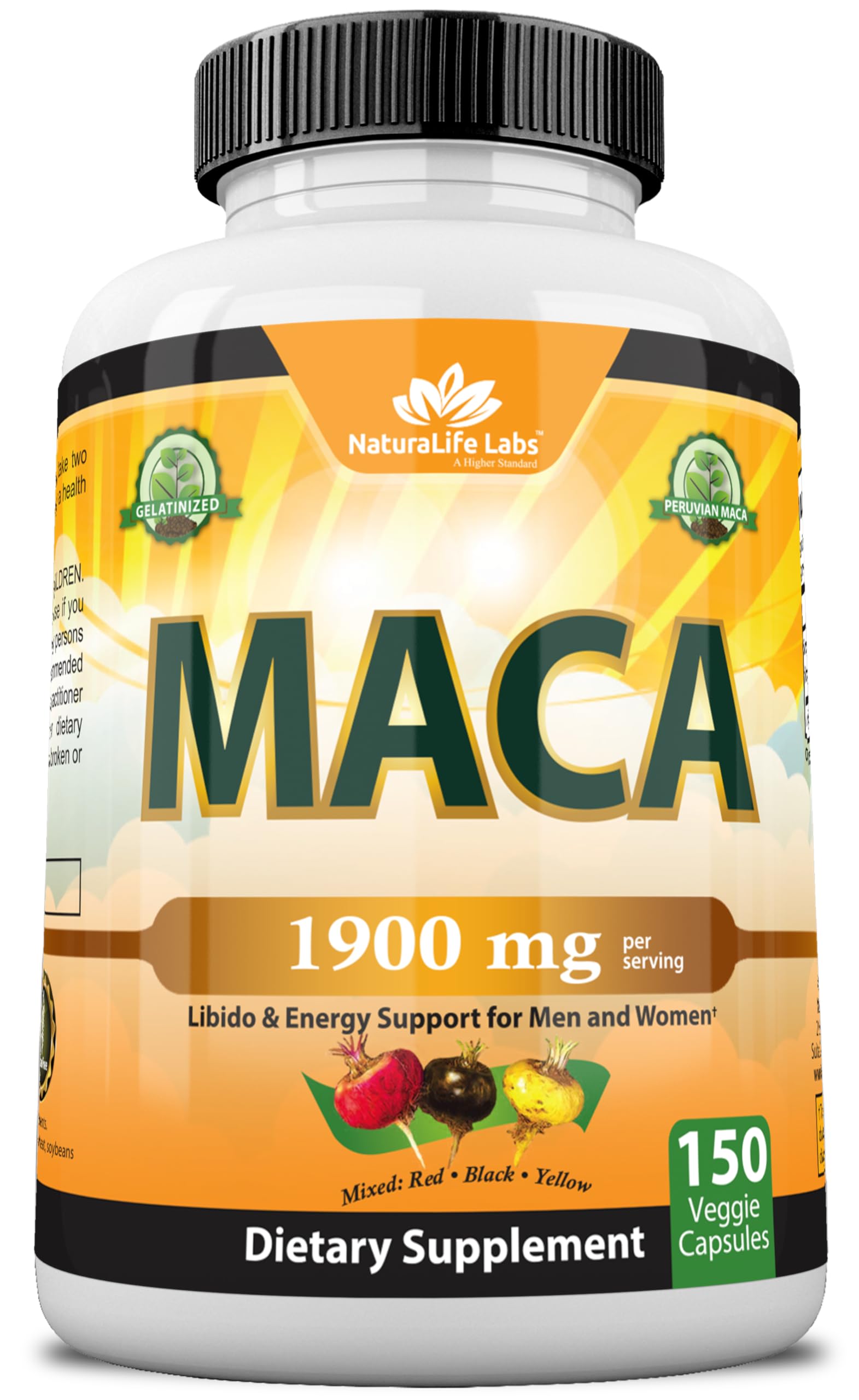Organic Maca Root Powder Capsules 1900mg - Black, Red & Yellow Peruvian Maca (150 Vegan Caps) | Non-GMO, Gelatinized for Better Absorption | Supports Energy, Stamina & Reproductive Health | Perfect for Smoothies, Workouts & Daily Wellness