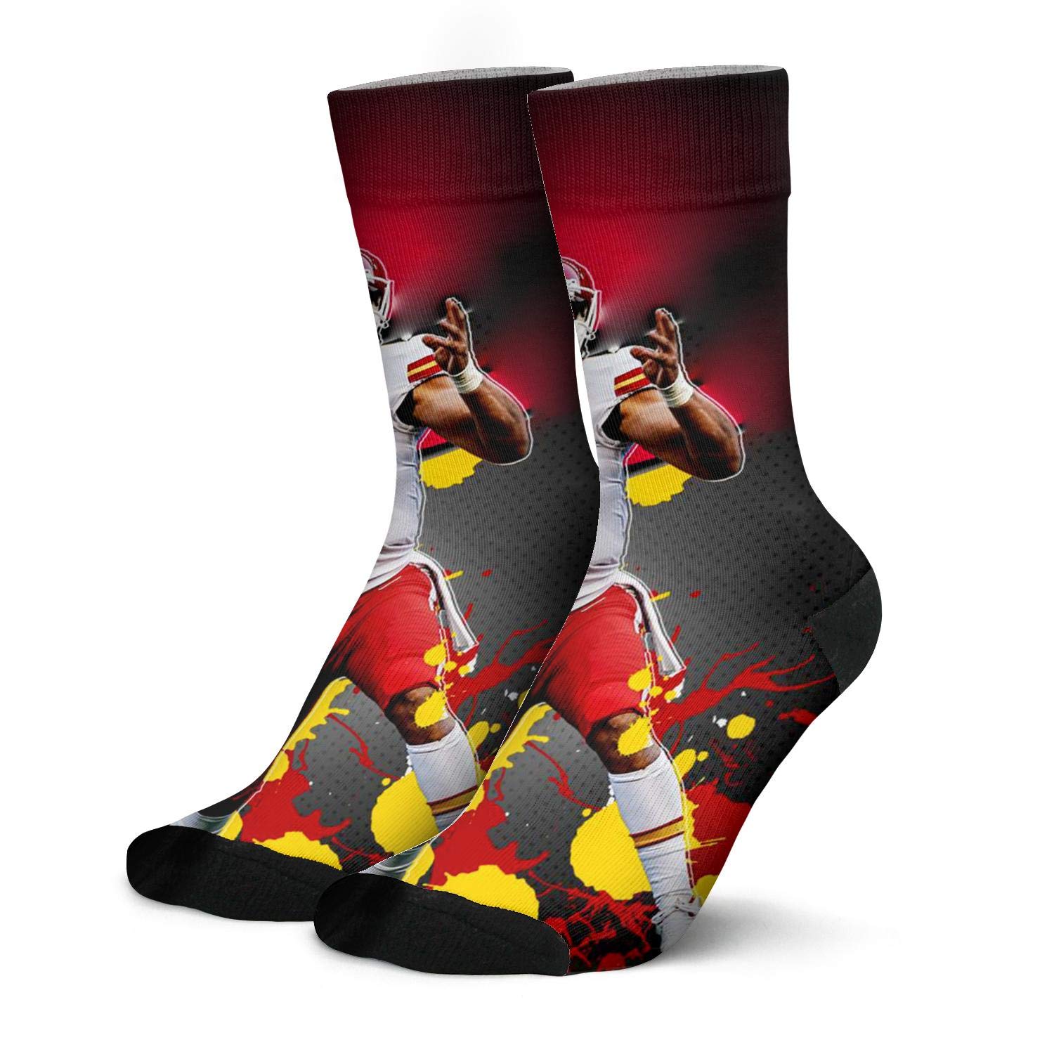 Men's Hiking Boot Socks - Moisture Wicking Crew Socks for Outdoor Adventures - Patrick Mahomes Inspired Red Fire Design - Perfect for Camping, Trekking & Winter Sports