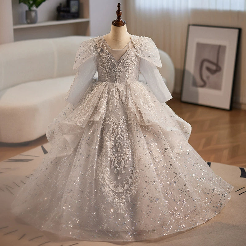 Elegant Baby Girls Jacquard Sequin Silver Long Sleeve Birthday Dress - Toddler Pageant Dress for Special Occasions & Photo Shoots