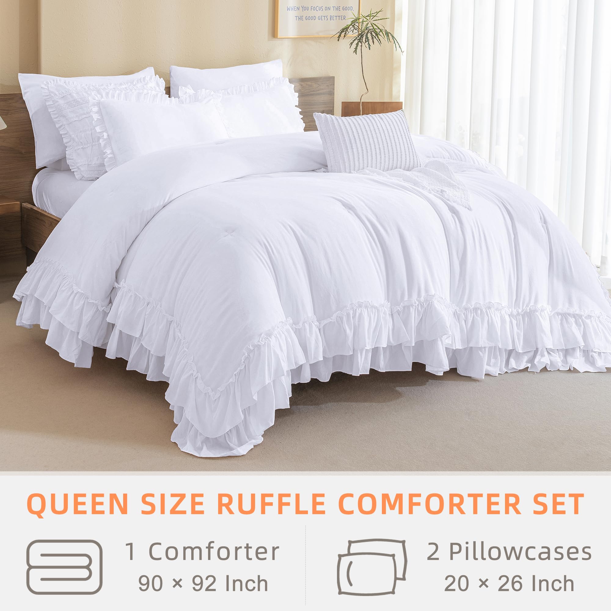 QSH White Ruffled Comforter Set - Queen Size Farmhouse Shabby Chic Boho Bedding - Lightweight Fluffy Microfiber Comforter - 3 Piece Set for Cozy Bedroom Decor & Guest Room Styling