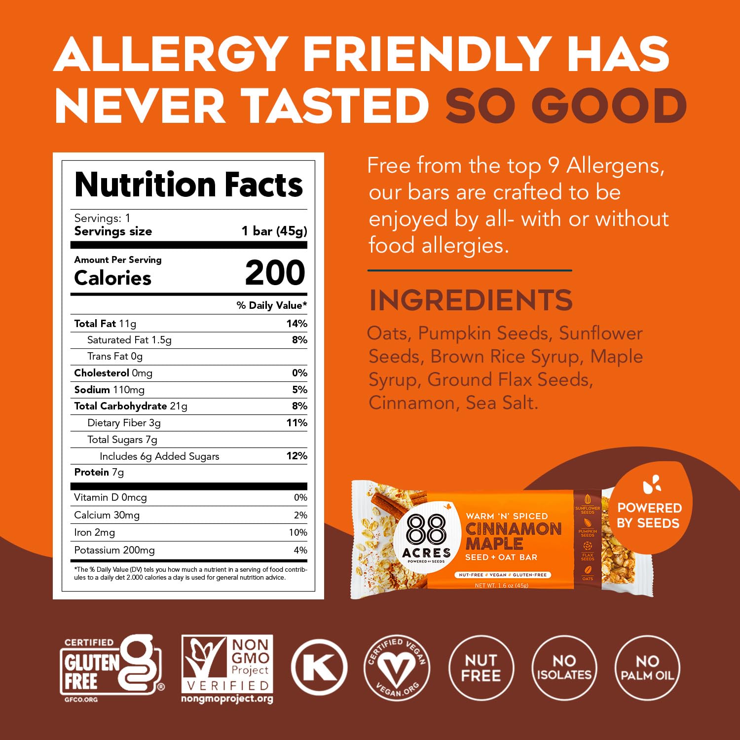 88 Acres Gluten Free Granola Bars - Nut-Free Oat & Seed Snack Bars, Vegan & Non-GMO, 6 Pack (Cinnamon Maple Flavor) | Healthy Breakfast & On-the-Go Snack for Kids & Adults