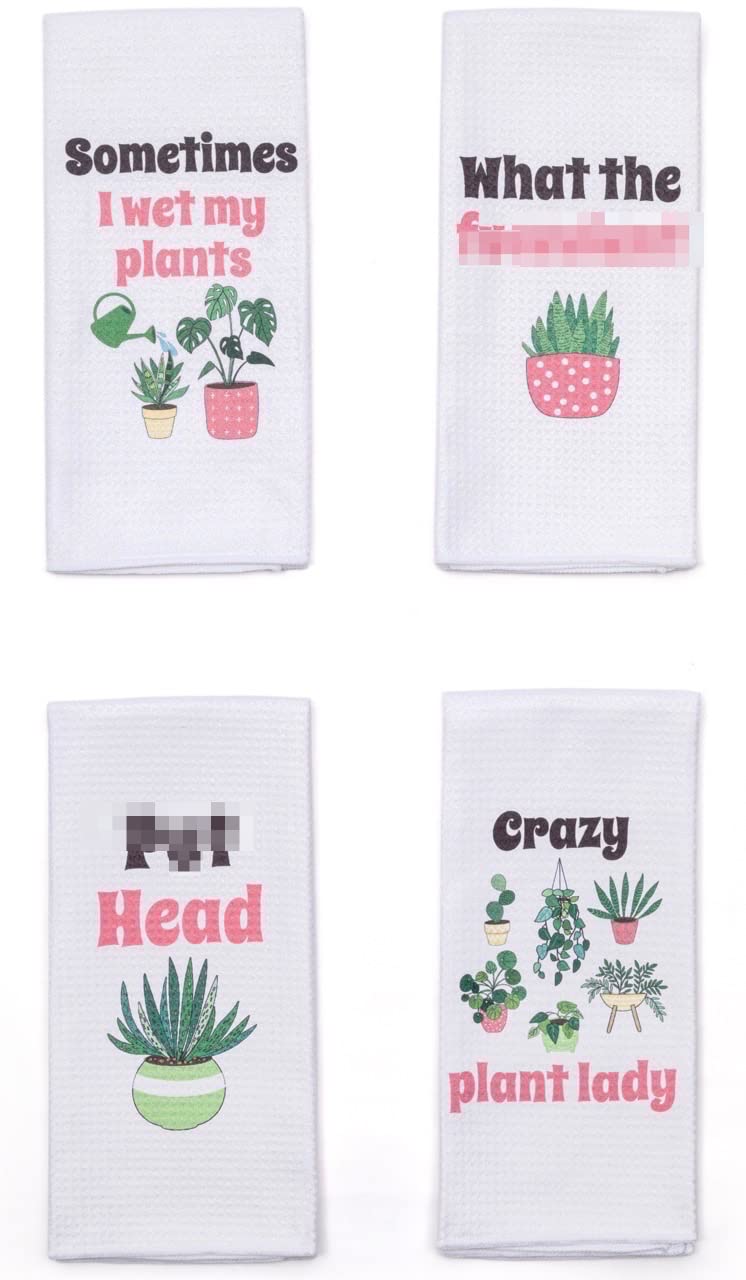 Microfiber Kitchen Towels Set of 4 - Super Absorbent Funny Dish Towels with Cute Sayings for Plant Lovers - Decorative Novelty Tea Towels for Housewarming Gifts - Perfect for Kitchen, Dining Room & Home Decor