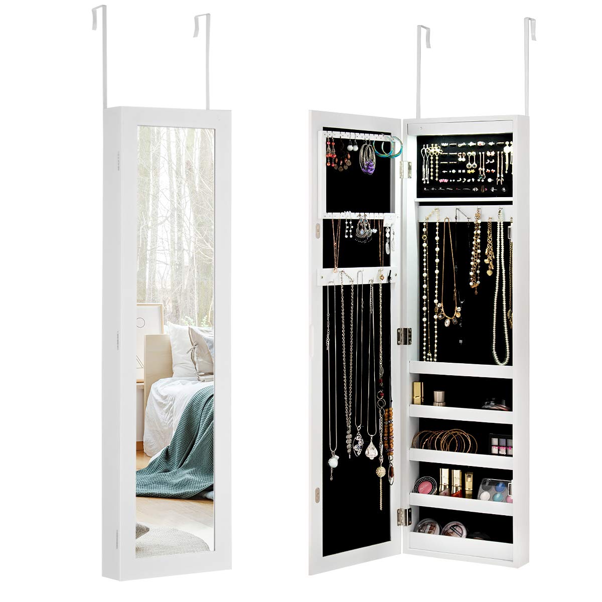 AUGESTER 12 LED Jewelry Cabinet Organizer - Wall/Door Mounted Jewelry Armoire with Full Length Mirror, Ring & Earring Slots, Necklace Hooks & 5 Storage Shelves - Large Capacity White Jewelry Storage (Perfect for Bedroom, Closet & Dressing Room Organization)