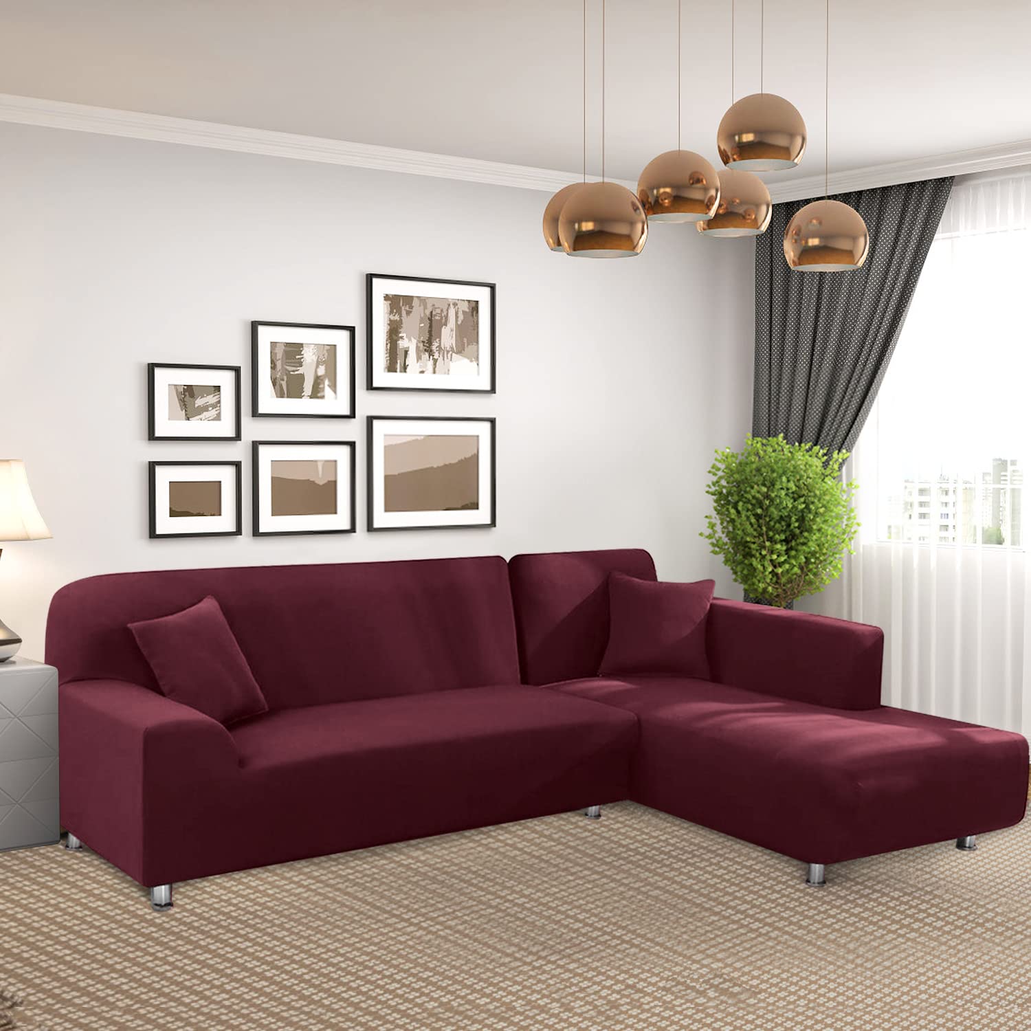 Stretchable L-Shaped Sectional Sofa Cover 2-Piece Set with Pillowcases - Soft Furniture Protector Slipcover for 3-Seater Couches (Burgundy) - Perfect for Living Room, Family Room & Home Theater Seating Protection