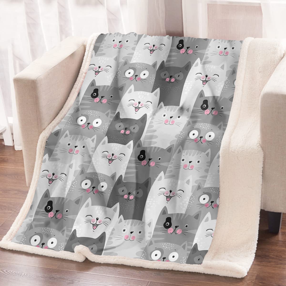 Soft Sherpa Cat Blanket for Women & Girls - Grey Pink Plush Fleece Throw with Cute Cat Design - 108x90 Inch Cozy Kawaii Blanket for Cat Lovers - Perfect Gift for Birthday, Christmas & Home Decor (Grey Pink)