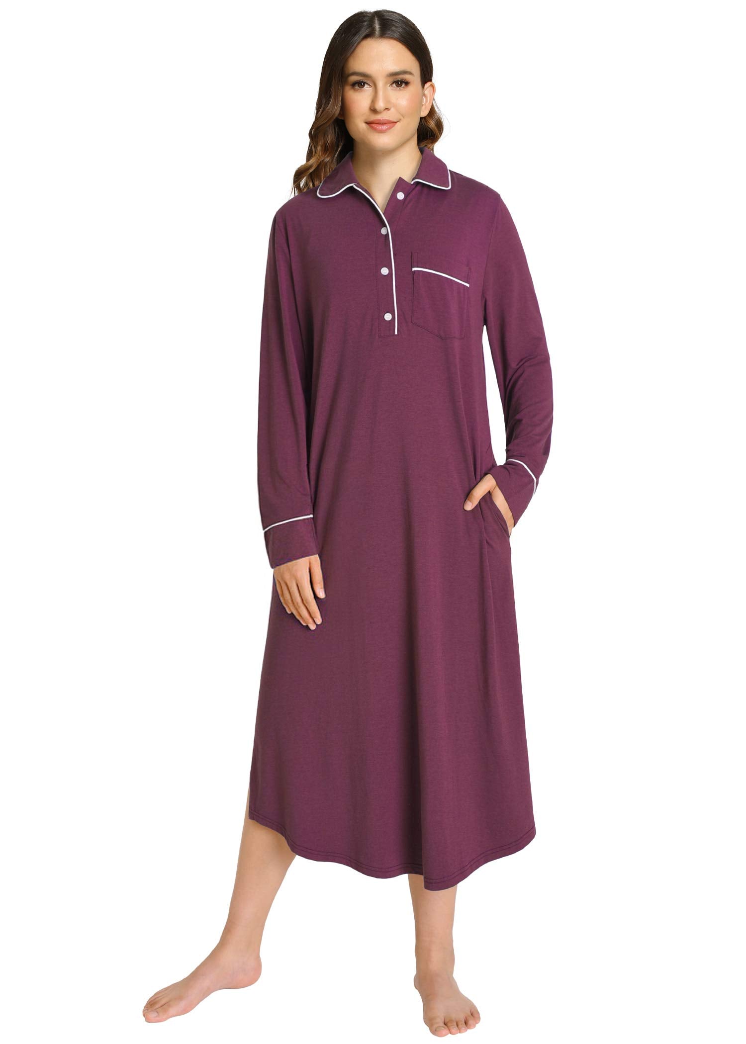 Women's Soft Cotton Button Down Sleep Shirt - Long Sleeve Comfortable Nightgown for Relaxing at Home & Lounge Wear