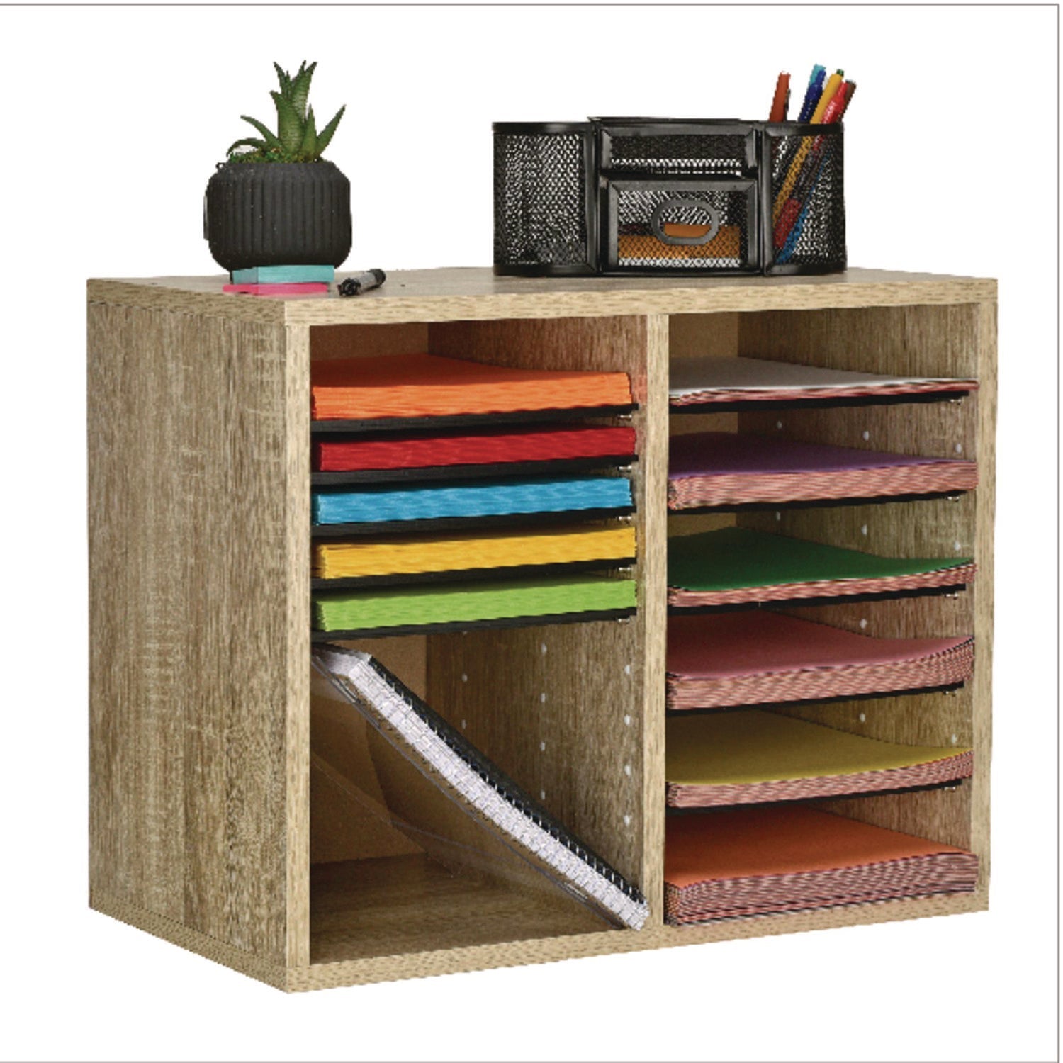 AdirOffice Wooden Adjustable 12-Section Letter Size Literature Organizer - Medium Oak (20