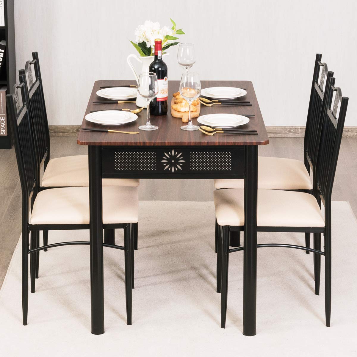 Tangkula 5-Piece Vintage Dining Set - Retro Wood Table with Metal Frame & Padded Chairs - Kitchen & Dining Room Furniture for Small Spaces, Apartments, Breakfast Nooks & Cozy Family Meals