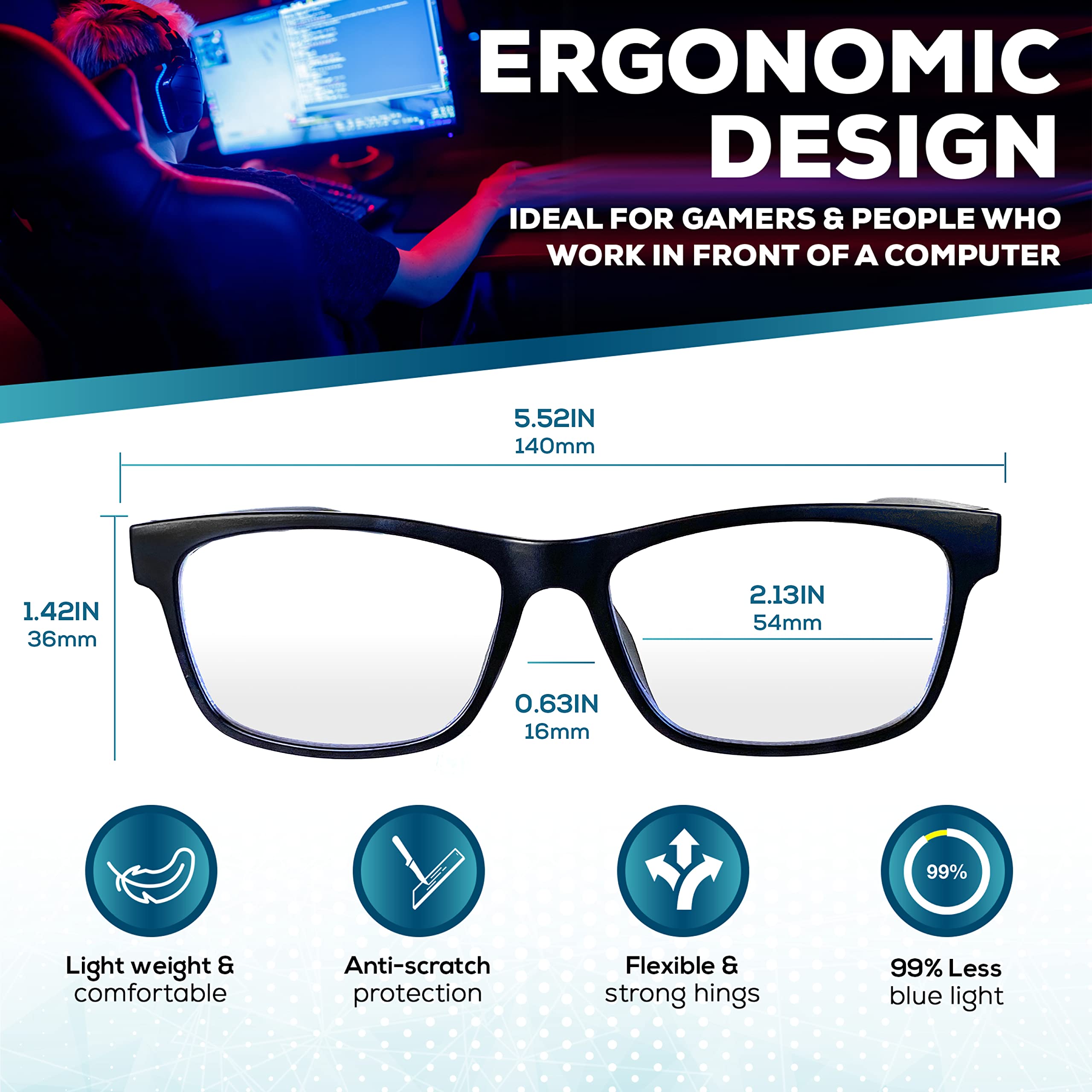 2 Pack Blue Light Blocking Glasses for Computer & Gaming - Anti Eye Strain, Headache Relief Glasses for Screen Time, Work & Night Use - UV Protection Glasses for Gamers, Office Workers & Students