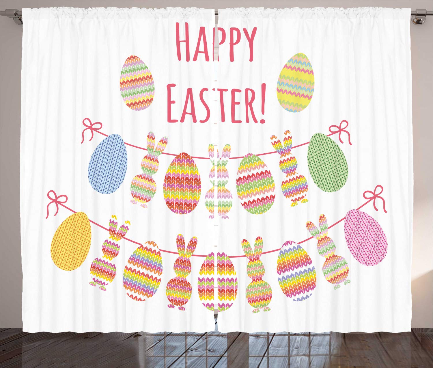 Ambesonne Easter Bunny Curtains - Happy Easter Typography with Colorful Eggs & Rabbit Bunting Knitted Look - 2 Panel Window Drapes for Living Room & Bedroom - 108