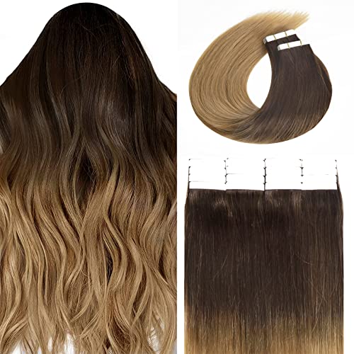 20Pcs 50g 18 Inch Ombre Dark Brown to Light Golden Brown Real Human Hair Tape in Extensions - Double Drawn Natural Hair for Volume & Length - Perfect for Parties, Weddings & Daily Styling