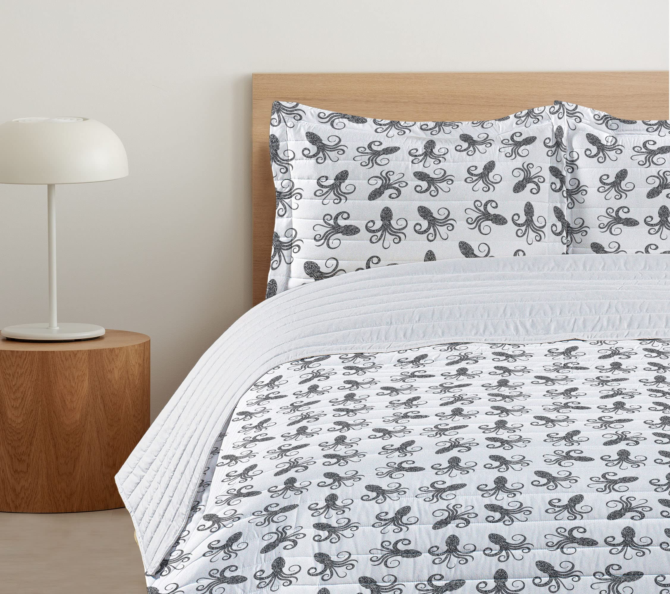 Ambesonne Octopus Microfiber Bedspread Set - Black and White Monochrome Octopus Silhouette Design with Hand Lettering, Soft Queen Size Bedding Set Includes Pillow Shams & Comforter | Perfect for Coastal, Nautical or Ocean Theme Bedrooms