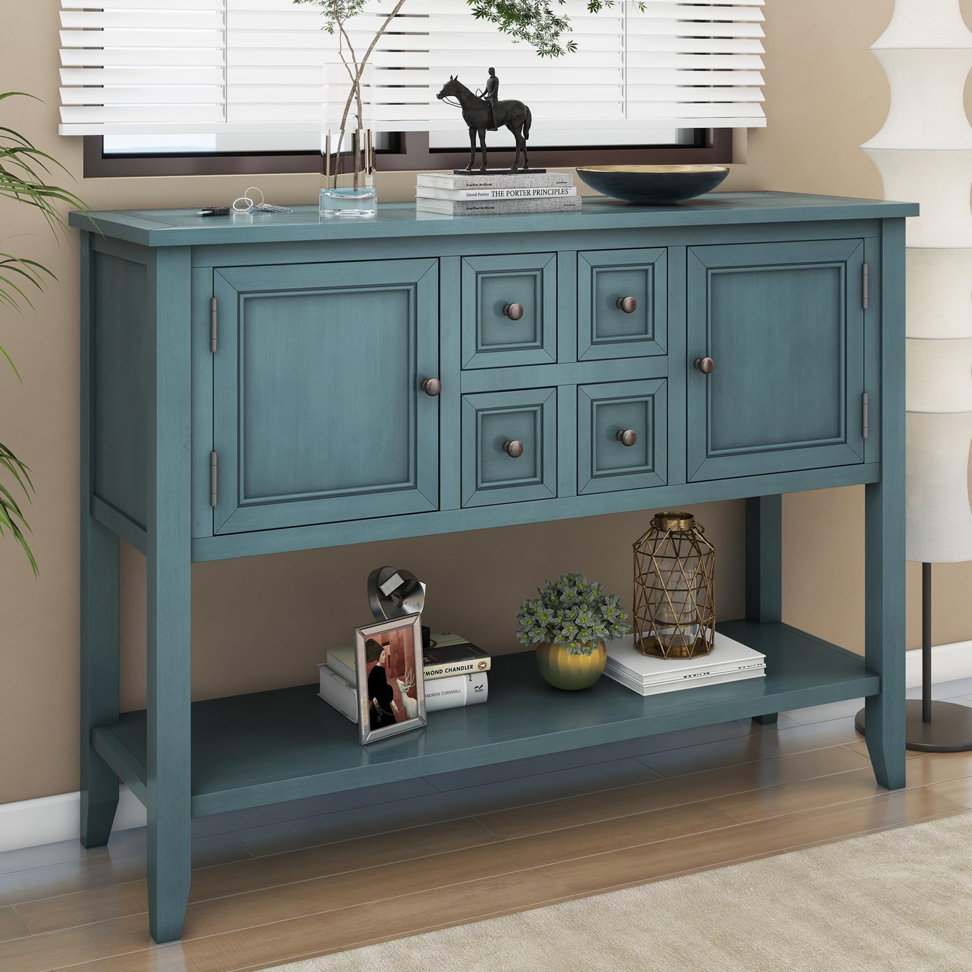 P PURLOVE Modern Console Table with 4 Drawers & 2 Cabinets - Entryway Sofa Table, Buffet Sideboard for Living Room, Hallway Storage - Dark Blue Home Furniture for Small Spaces & Apartment Decor