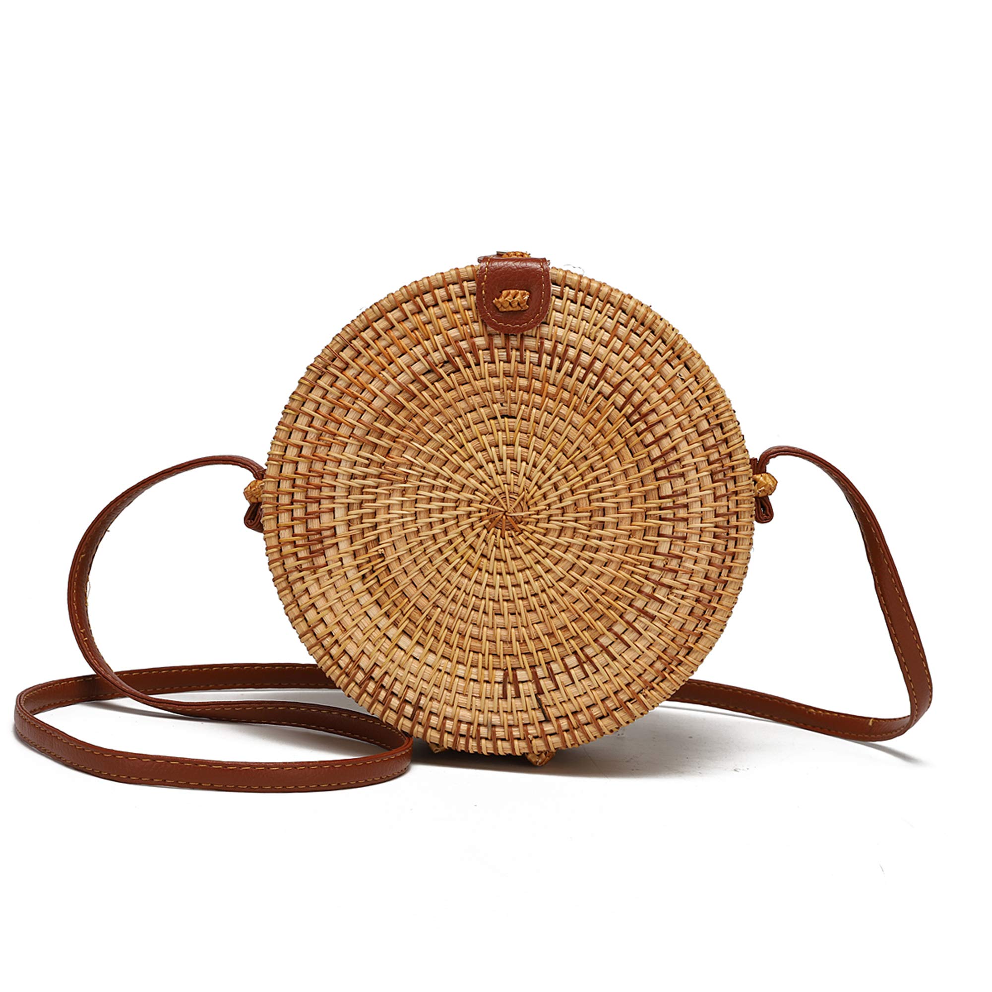 Handwoven Round Rattan Crossbody Bag for Women - Adjustable Strap Straw Handbag (Tan) | Boho Beach Tote, Summer Outing, Vacation Accessory