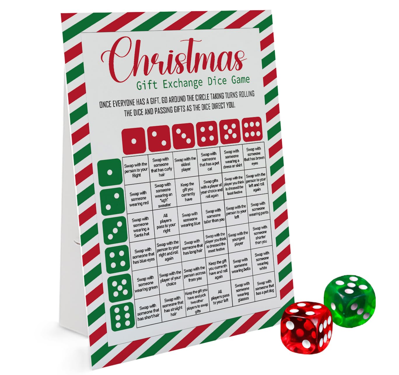 Exchange Dice Game Set with 2 Dice & Standing Sign - Fun Christmas Party Game for Groups, Holiday Gift Swap Activity - Perfect for Xmas Gatherings, Family Game Nights & Office Parties (SDGE01)
