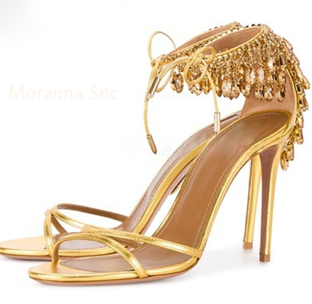 Green Gold Stiletto Women's Sandals - Bling Diamond Tassel High Heels | Peep Toe Glitter Crystal Fringe Party Wedding Shoes for Summer | Perfect for Evening Events, Prom, Bridal Showers & Special Occasions